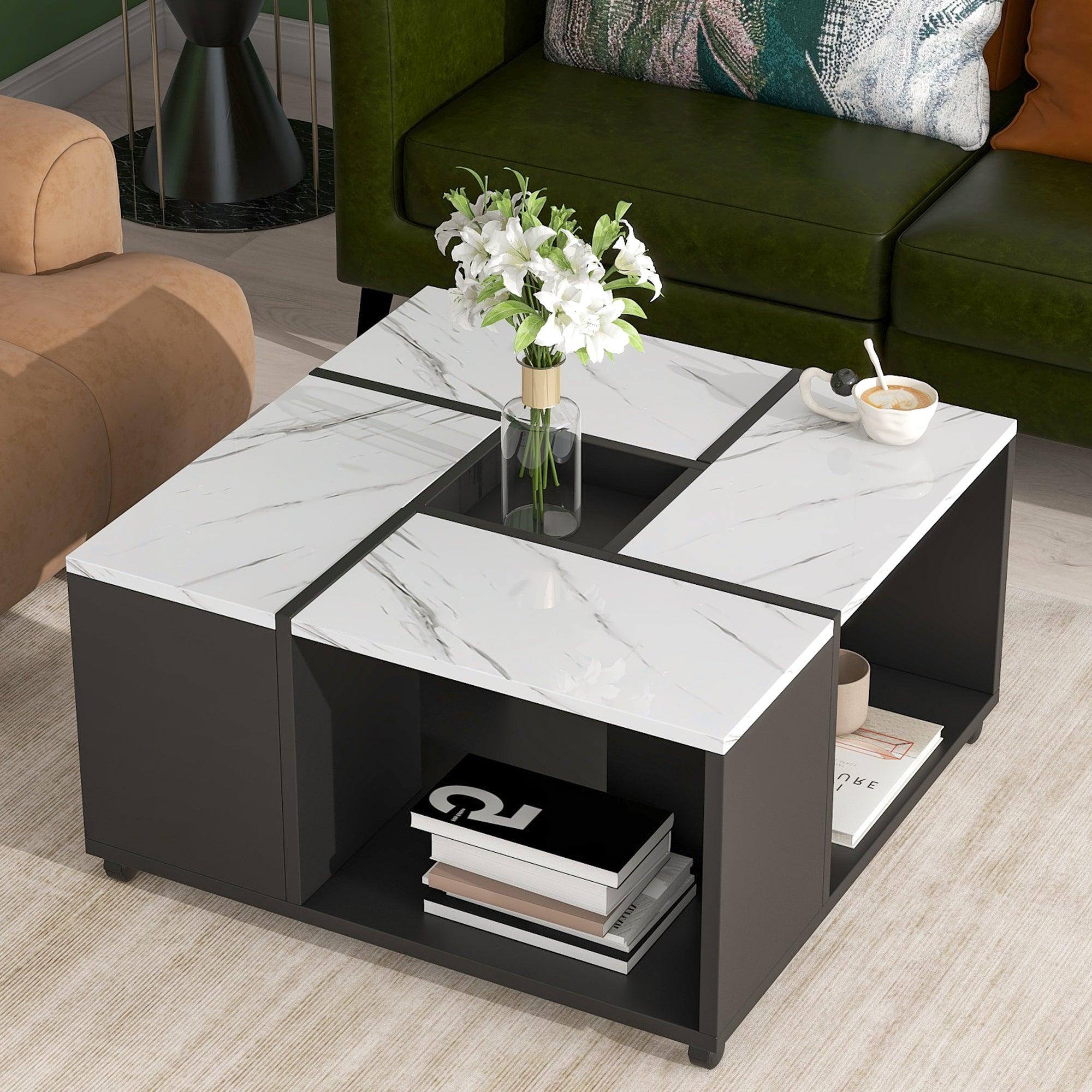 Modern 2-layer Coffee Table with Casters, Square Cocktail Table with Removable Tray，UV High-gloss Marble Design Center Table for Living Room，31.4”x 31.4” image