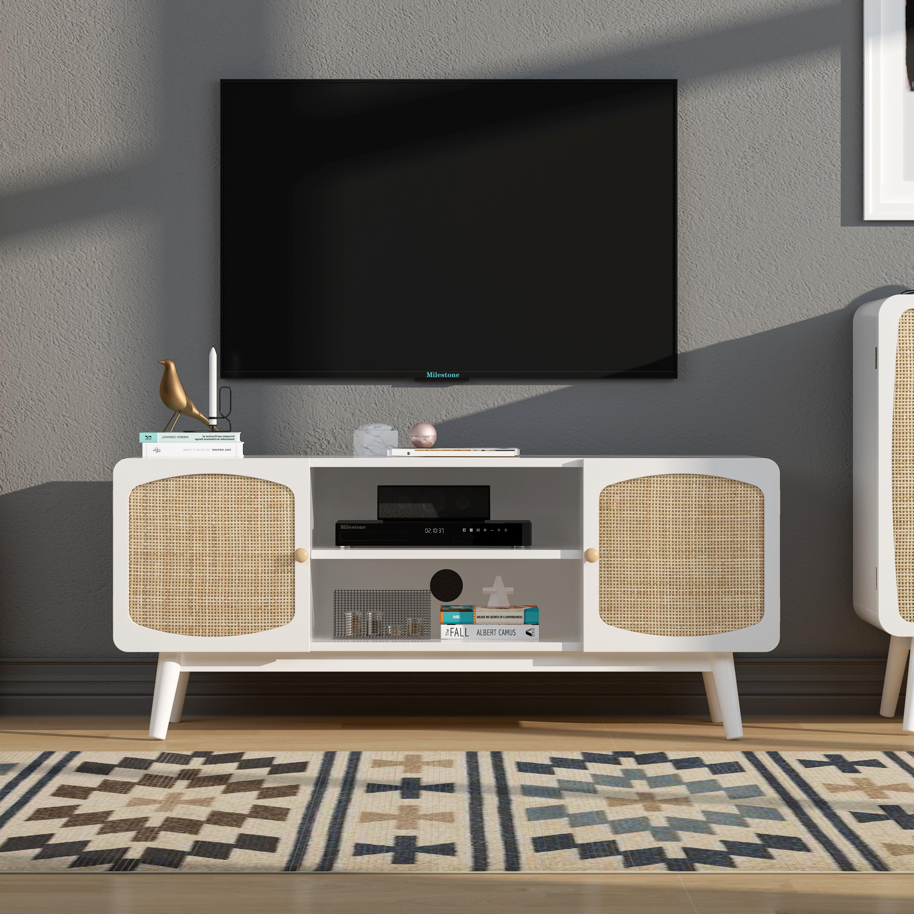 White TV Console with Rattan Door, Boho TV Stand for Bedroom, Living Room image