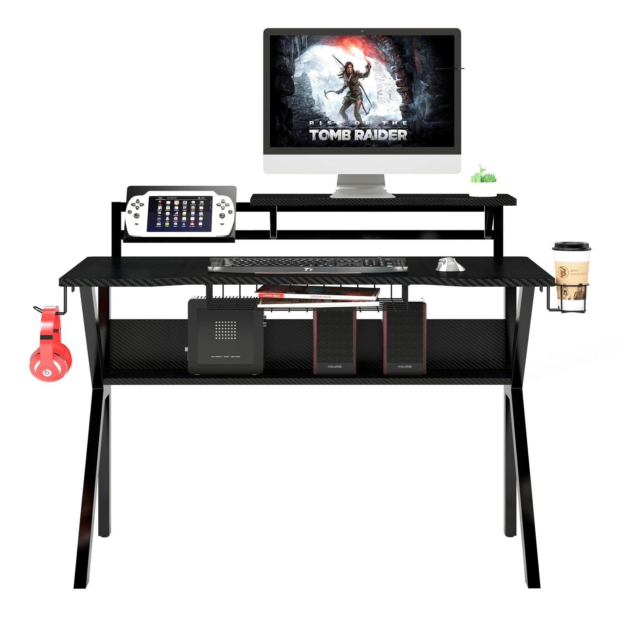 PVC Coated Ergonomic Metal Frame Gaming Desk with K Shape Legs, Black