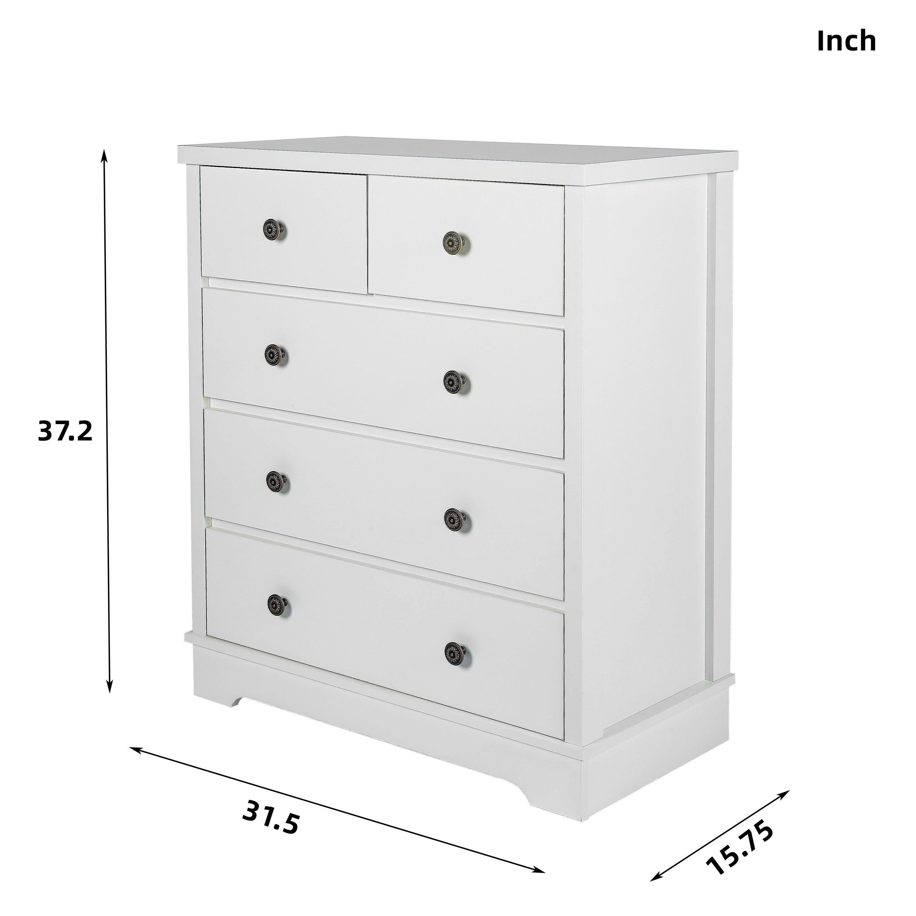 White color 5 drawers chest of drawer,Tallboy for bedroom, wooden cabinet