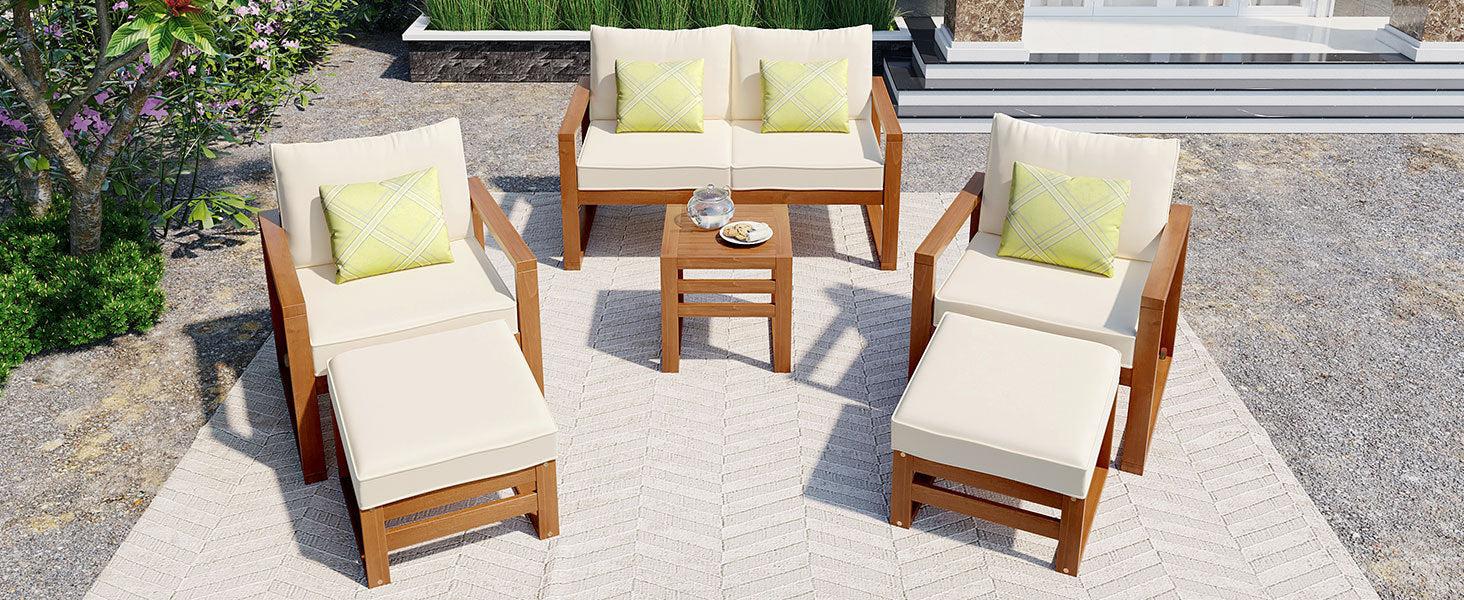 Outdoor Patio Wood 6-Piece Conversation Set, Sectional Garden Seating Groups Chat Set with Ottomans and Cushions for Backyard, Poolside, Balcony, Beige