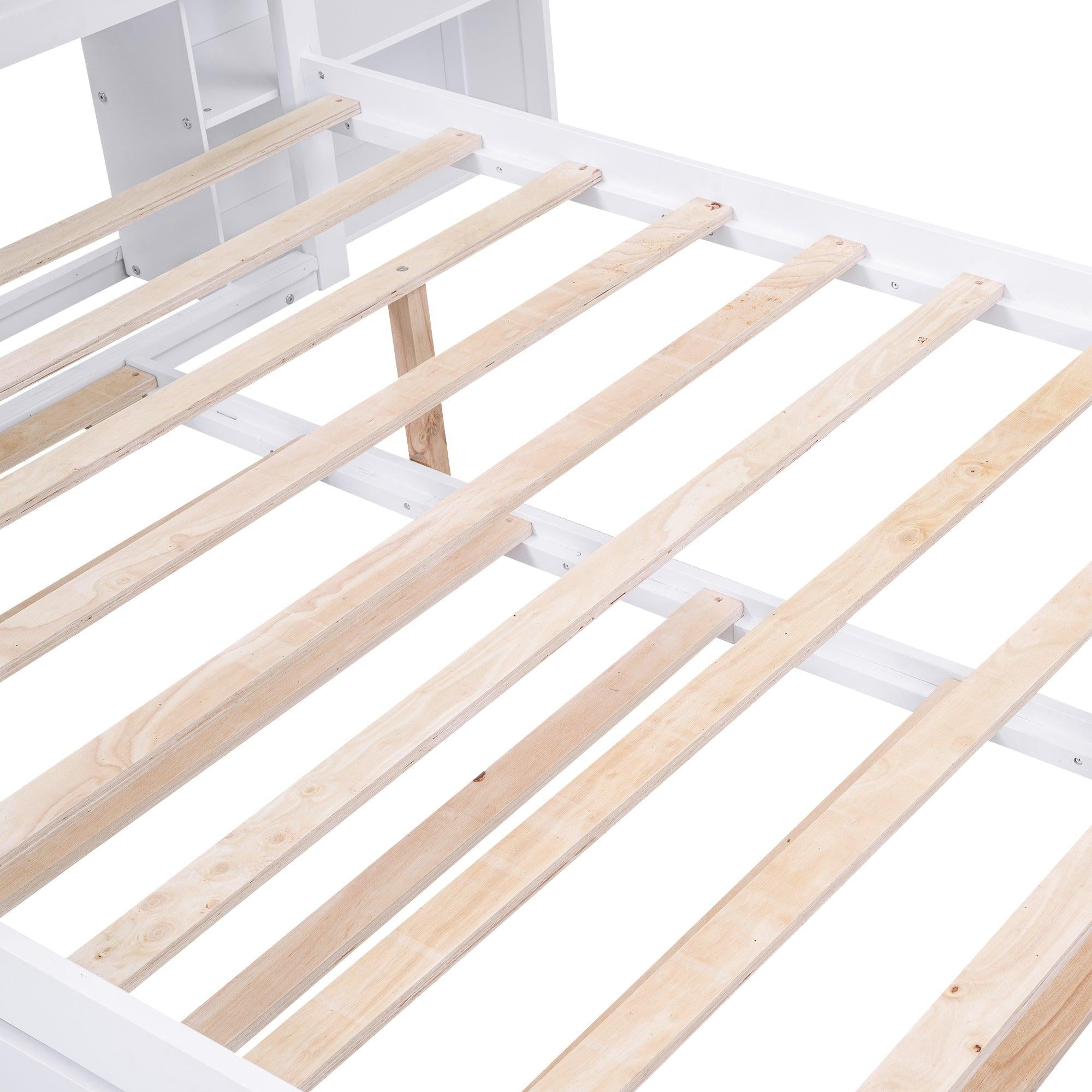 Full SizeStorage Platform Bed with Pull Out Shelves and Twin Size Trundle, White