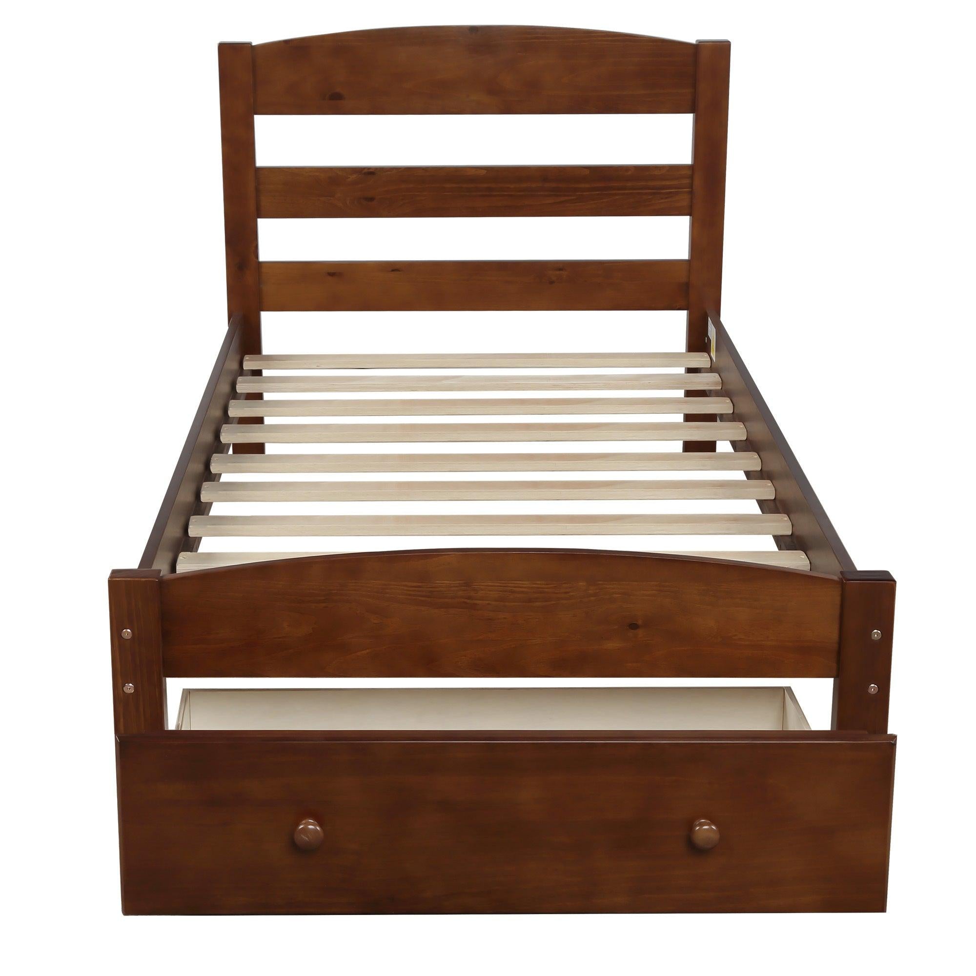 Platform Twin Bed Frame withStorage Drawer and Wood Slat Support No Box Spring Needed, Walnut