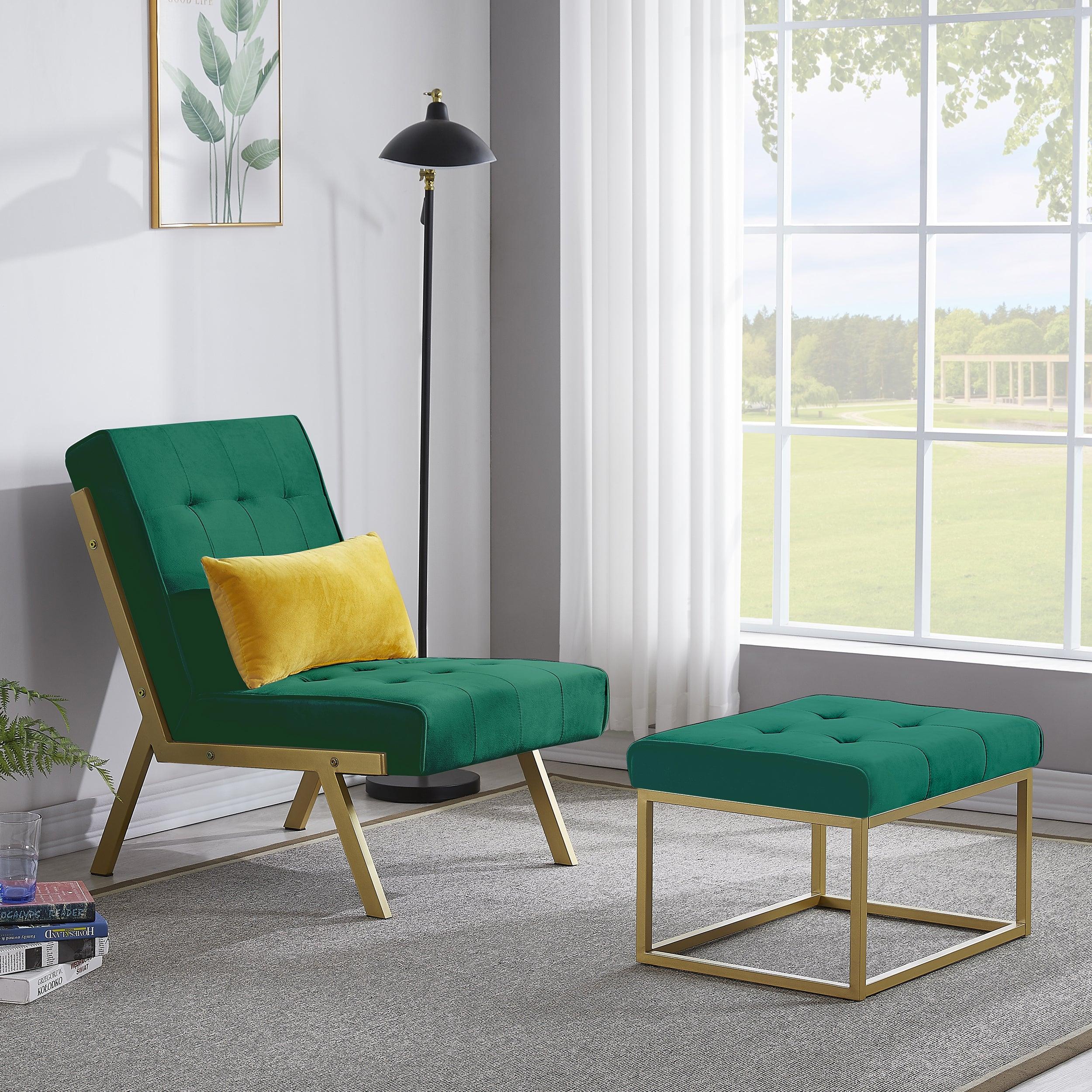 Gold Metal Frame Velvet Upholstery Chair with Ottoman(Green)