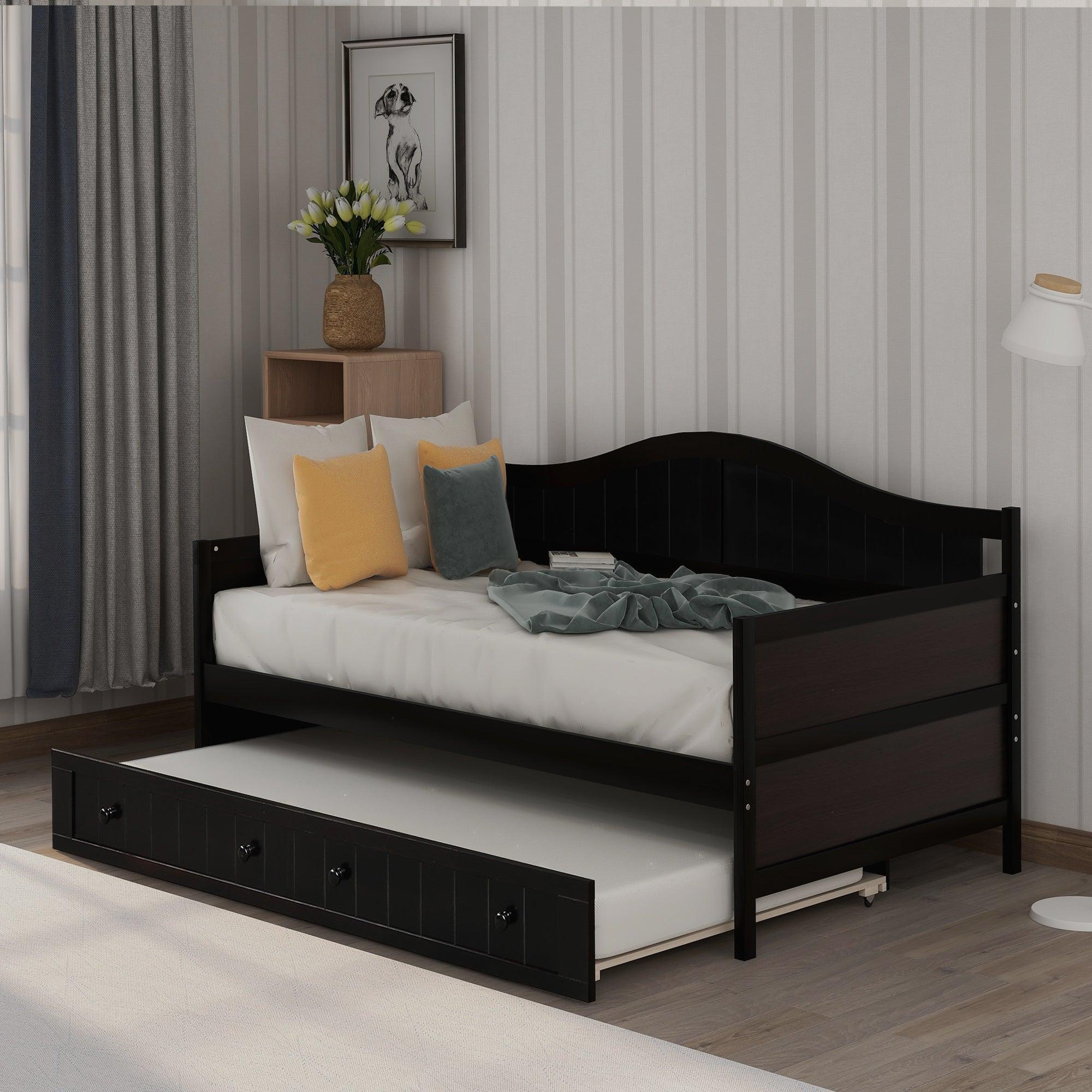 Twin Wooden Daybed with Trundle Bed, Sofa Bed for Bedroom Living Room, Espresso image