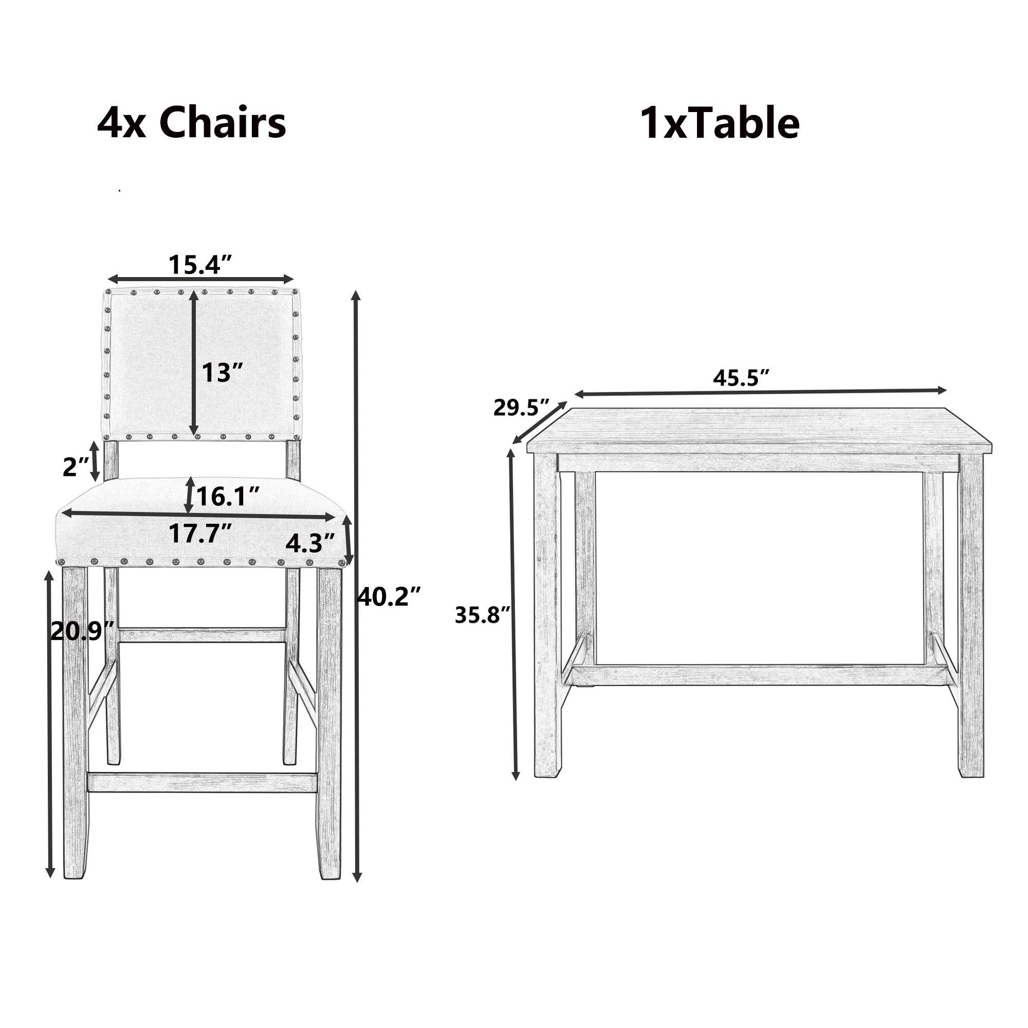 5 Piece Rustic Wooden Counter Height Dining Table Set with 4 Upholstered Chairs for Small Places, Faux Marble Top+Black Body