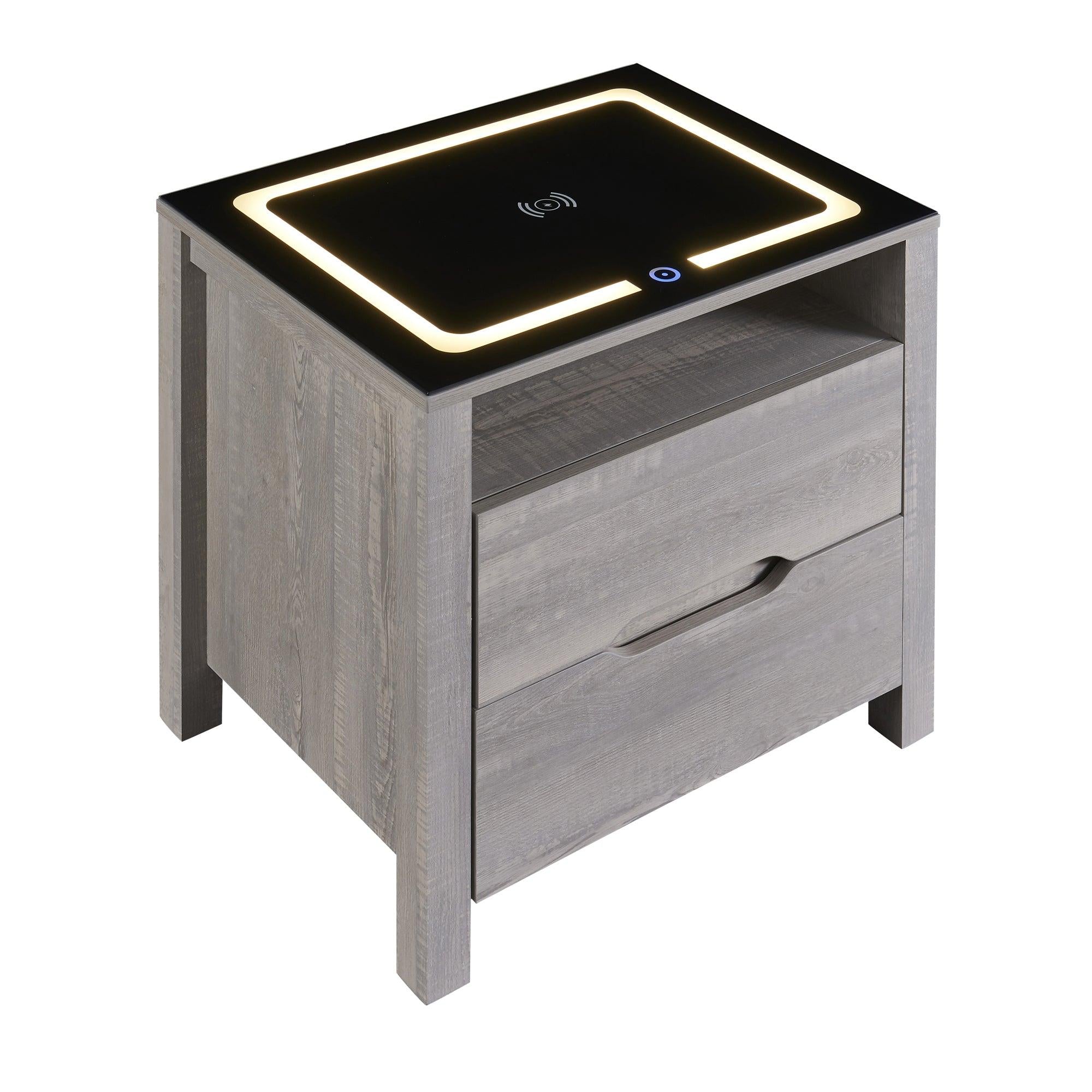 MultifunctionalStorage Nightstand with 2 Drawers and an open shelf, Wireless Charging with adjustable LED, Brown