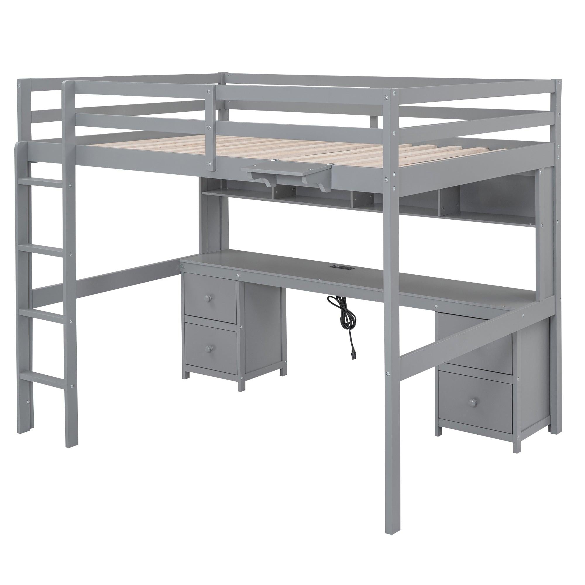 Full Size Loft Bed with Desk, Cabinets, Drawers and Bedside Tray, Charging Station, Gray