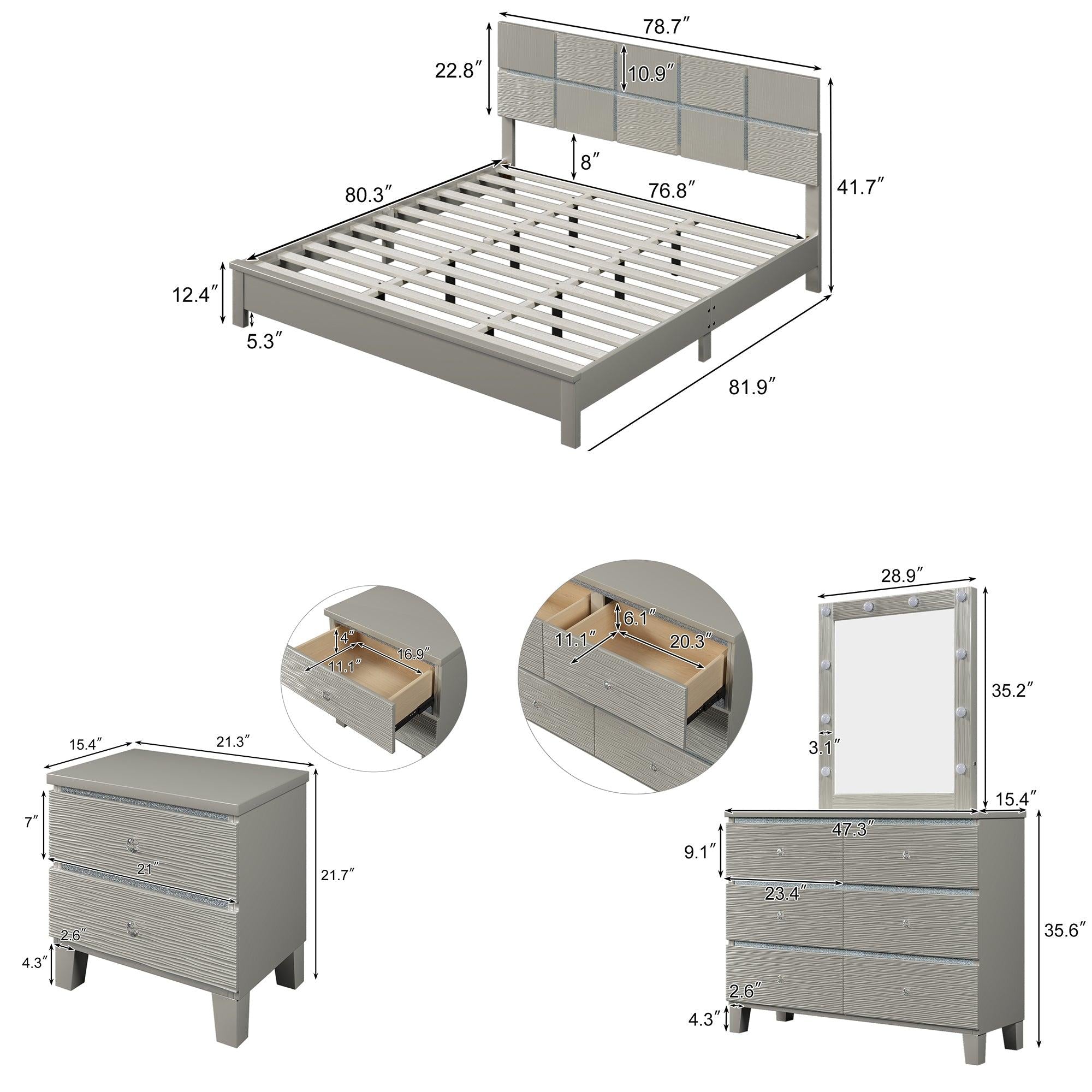 5 pieces Champagne Silver Bedroom Sets King Bed + Nightstand*2 + Dresser+ Mirror