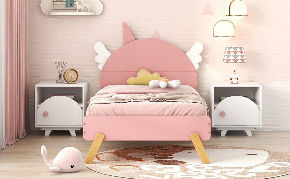 Wooden Cute Bed With Unicorn Shape Headboard,Twin Size Platform Bed,Pink