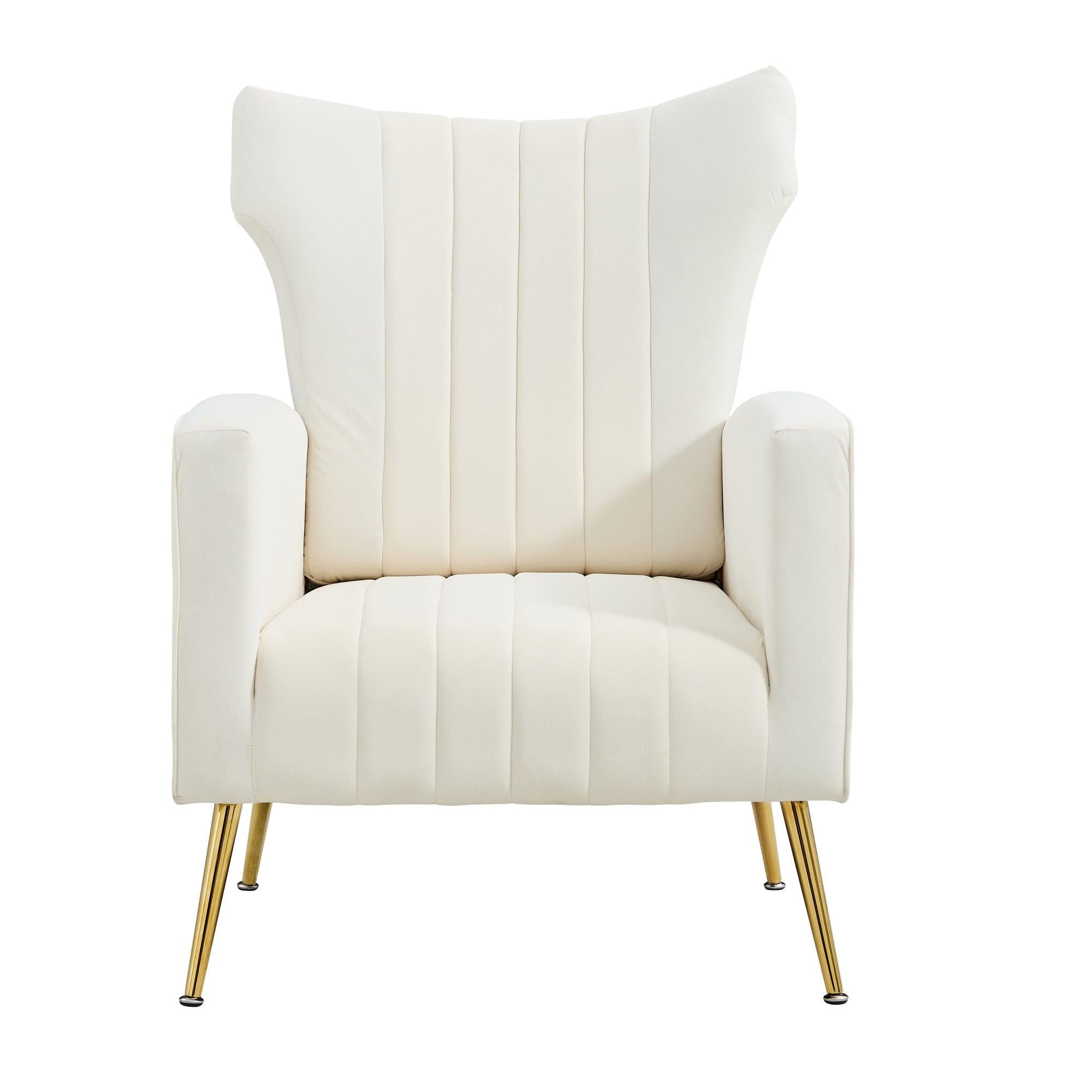 Modern Velvet Accent Chair with Arms, Wingback Reading Chair with Gold Metal Legs, Comfy Upholstered Single Leisure Sofa for Living Room Bedroom Club(Velvet+White)