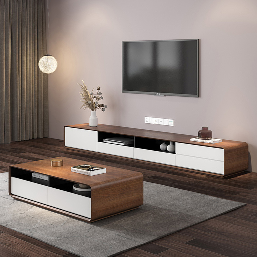 Modern Wood White TV Stand, Lowline Media Console with 4 Drawers, OpenStorage Cabinet,black dividers, Walnut Veneer, Fully-assembled,94"