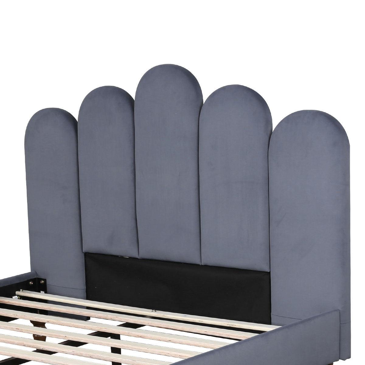 Full Size Linen  Upholstered Platform Bed With Wooden Slat and Metal Support legs.Grey Color