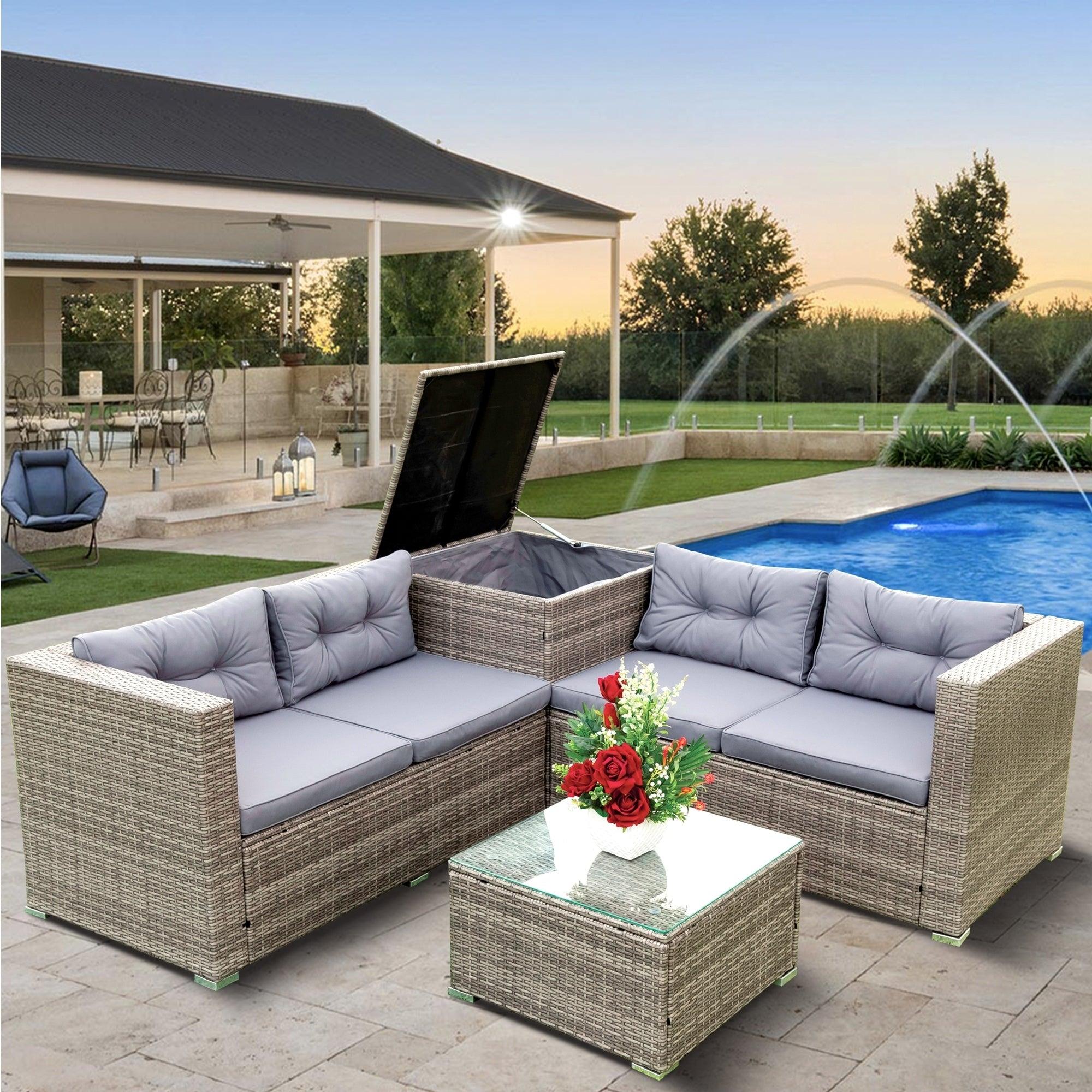 4 Piece Patio Sectional Wicker Rattan Outdoor Furniture Sofa Set withStorage Box Grey