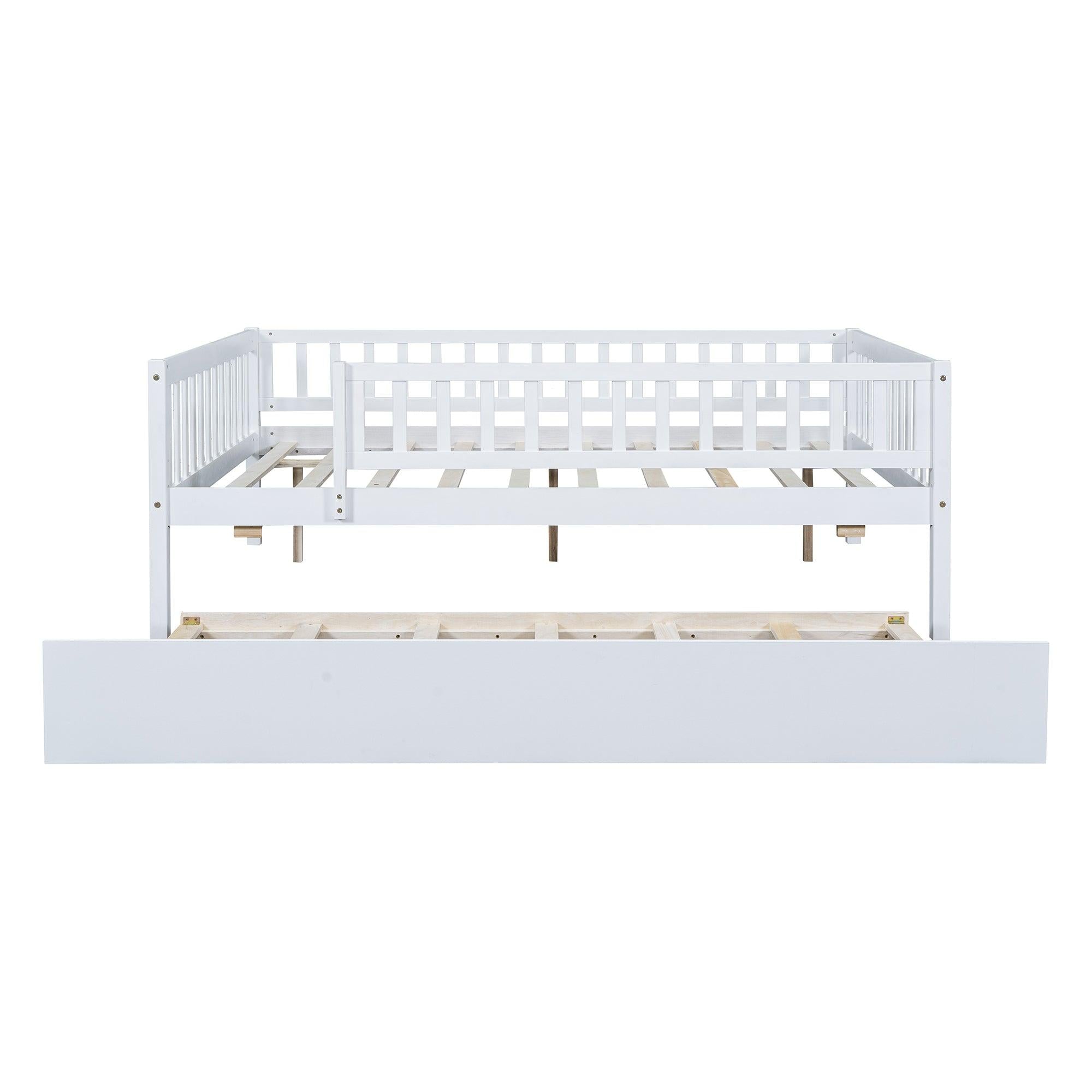 Full Size Wood Daybed with Trundle and Fence Guardrails, White