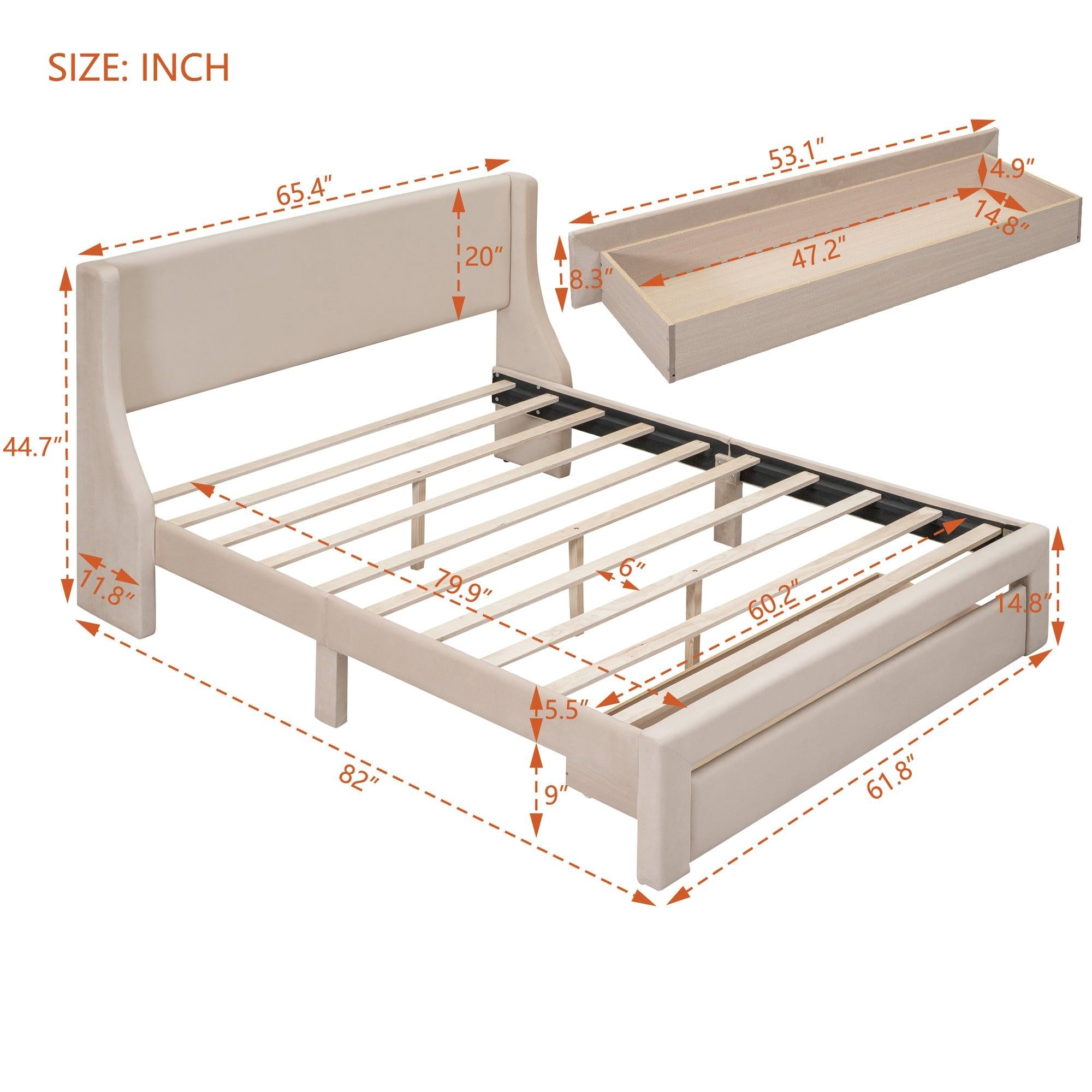 Queen SizeStorage Bed Velvet Upholstered Platform Bed with a Big Drawer - Beige