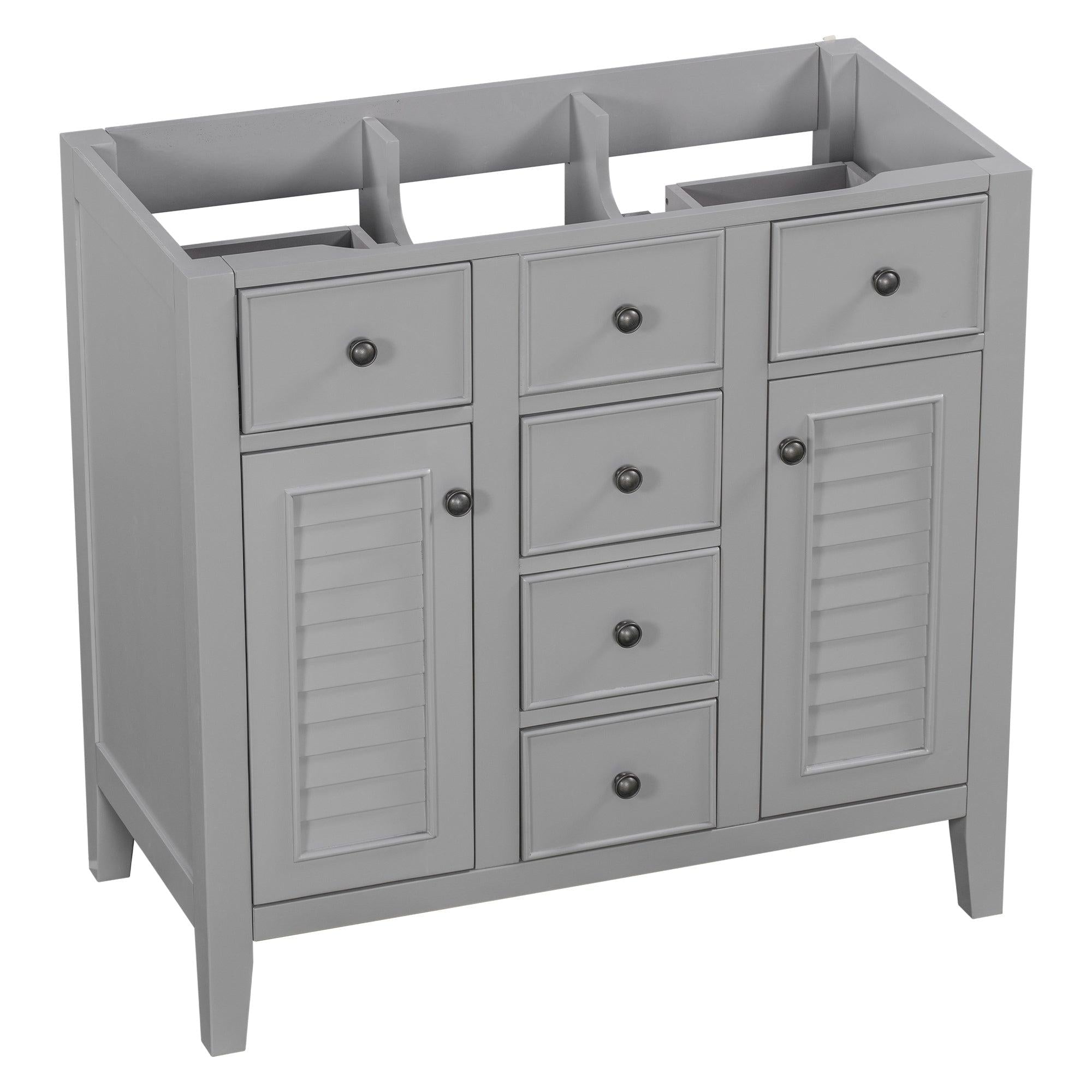 36" Bathroom Vanity without Sink, Cabinet Base Only, Two Cabinets and Five Drawers, Solid Wood Frame, Grey