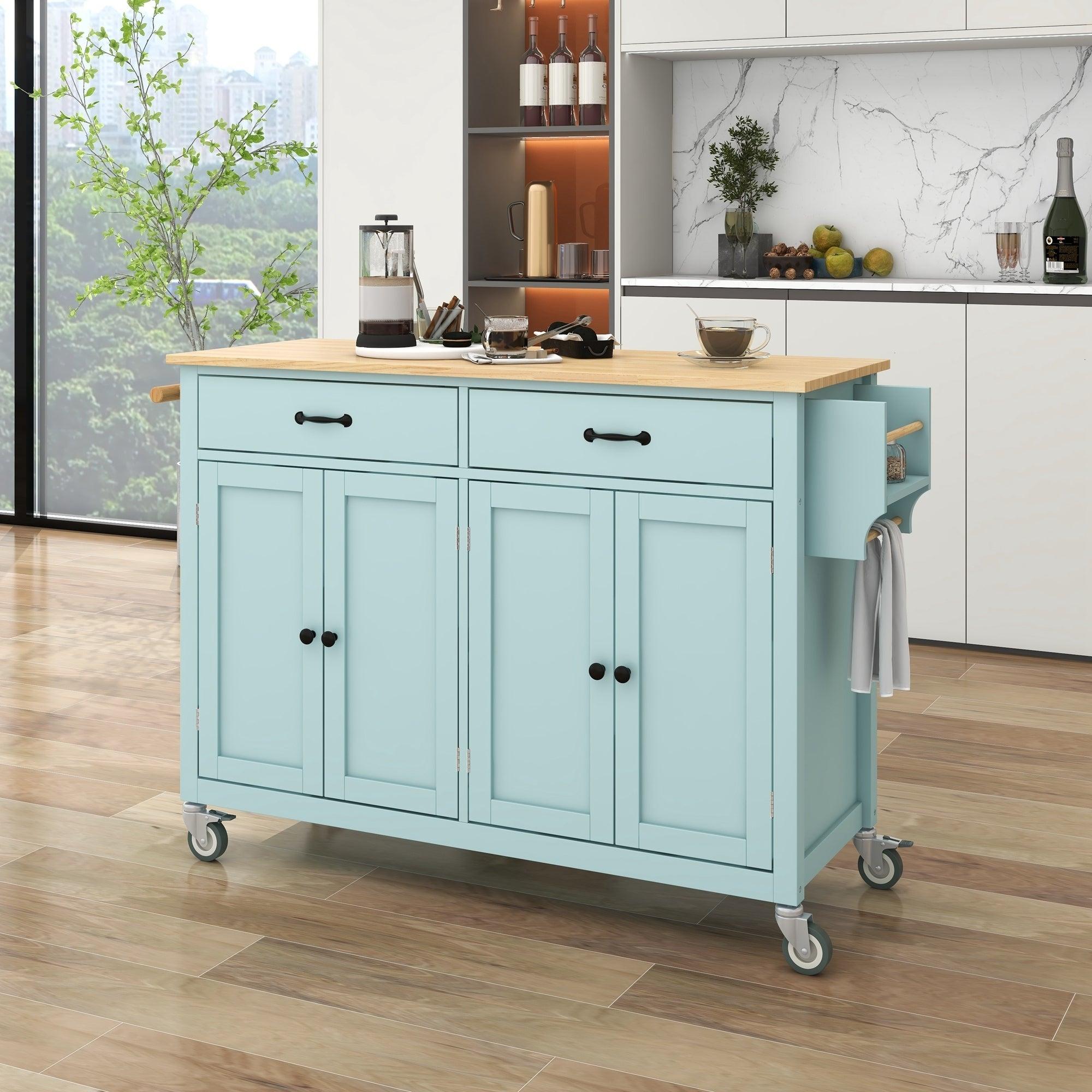 Kitchen Island Cart with 4 Door Cabinet and Two Drawers and 2 Locking Wheels - Solid Wood Top, Adjustable Shelves, Spice & Towel Rack（Mint Green）