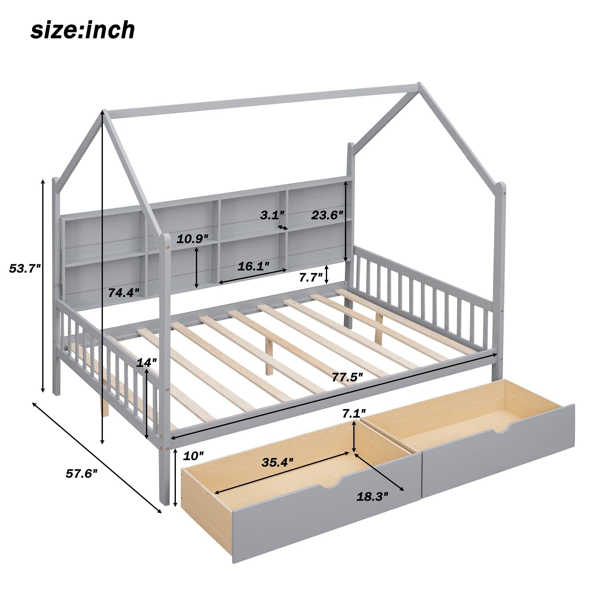 Wooden Full Size House Bed with 2 Drawers,Kids Bed withStorage Shelf, Gray