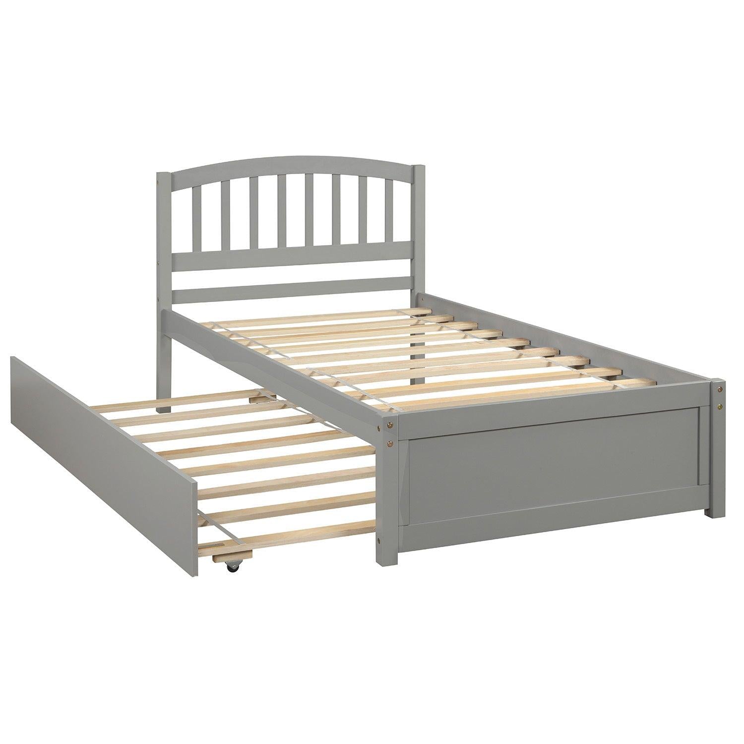 Twin size Platform Bed Wood Bed Frame with Trundle, Gray