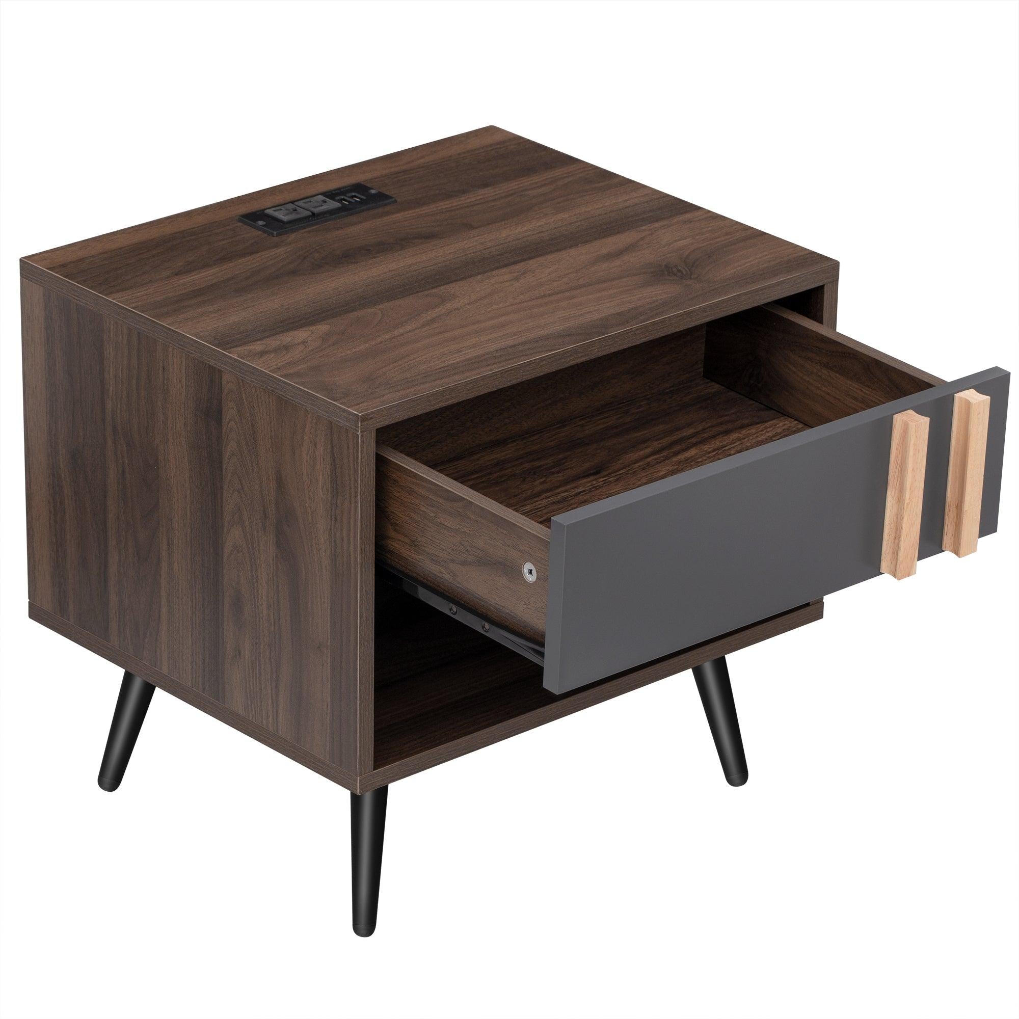 Wooden Nightstand with USB Charging Ports，End Table for Bedroom,Gray+Walnut