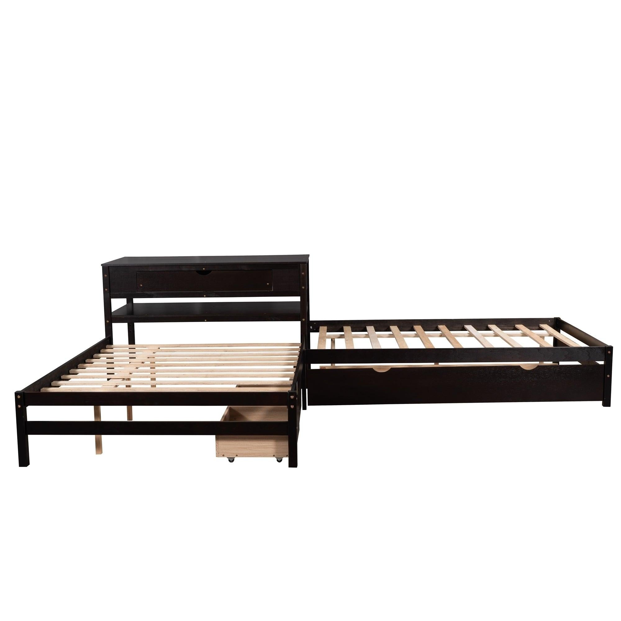 Full Size L-shaped Platform Beds with Twin Size Trundle and Drawers Linked with Built-in Rectangle Table,Espresso