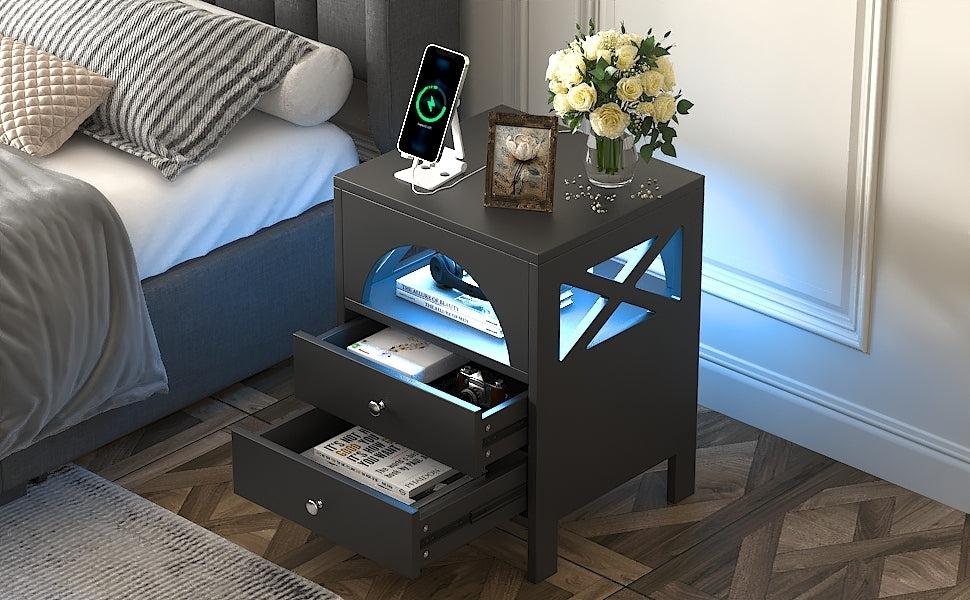 Nightstand with USB Charging Ports and LED Lights,End Table with 2 Drawers and Shelf,Black