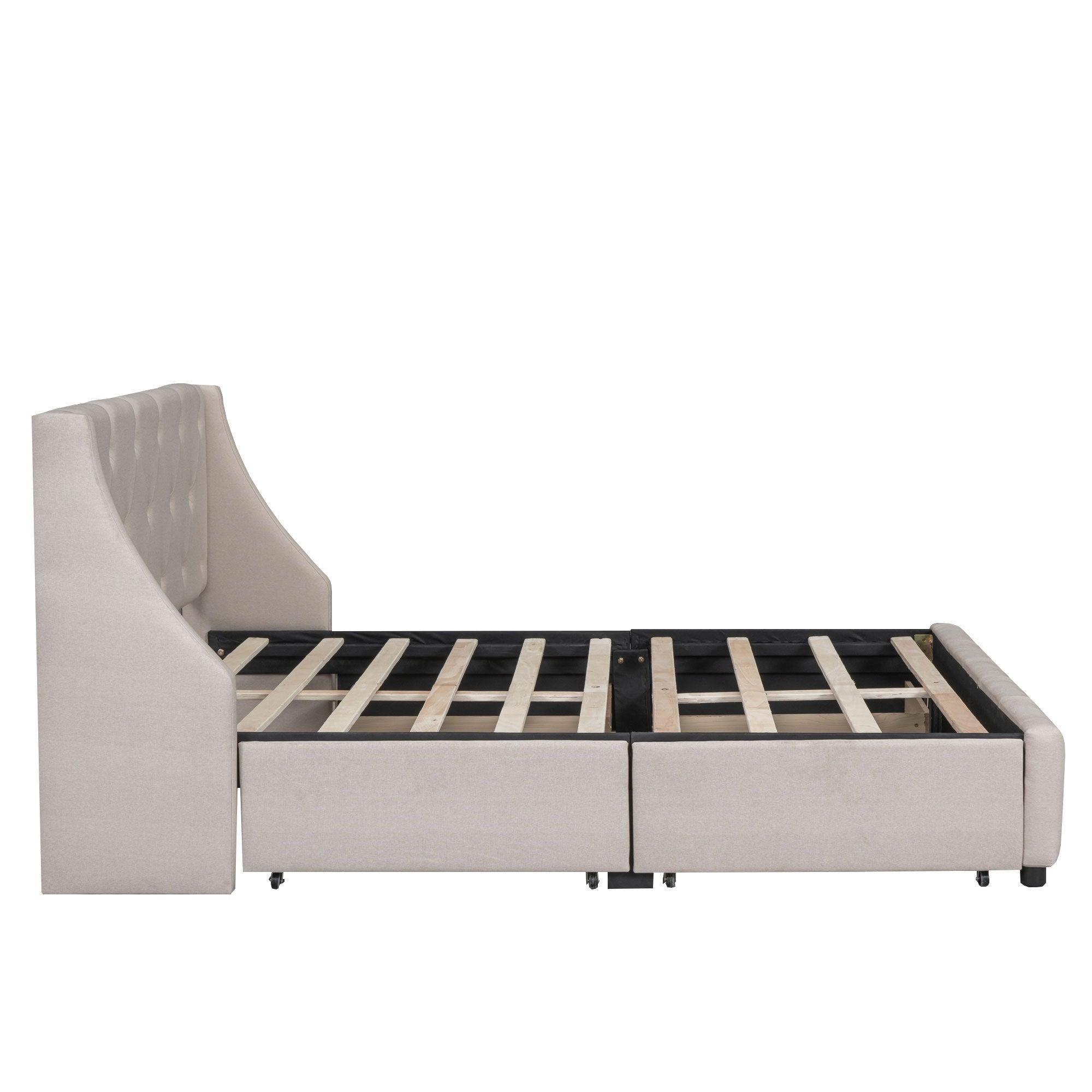 Upholstered Platform Bed with Wingback Tufted Headboard and 4 Drawers, No Box Spring Needed, Linen Fabric, Queen Size Beige