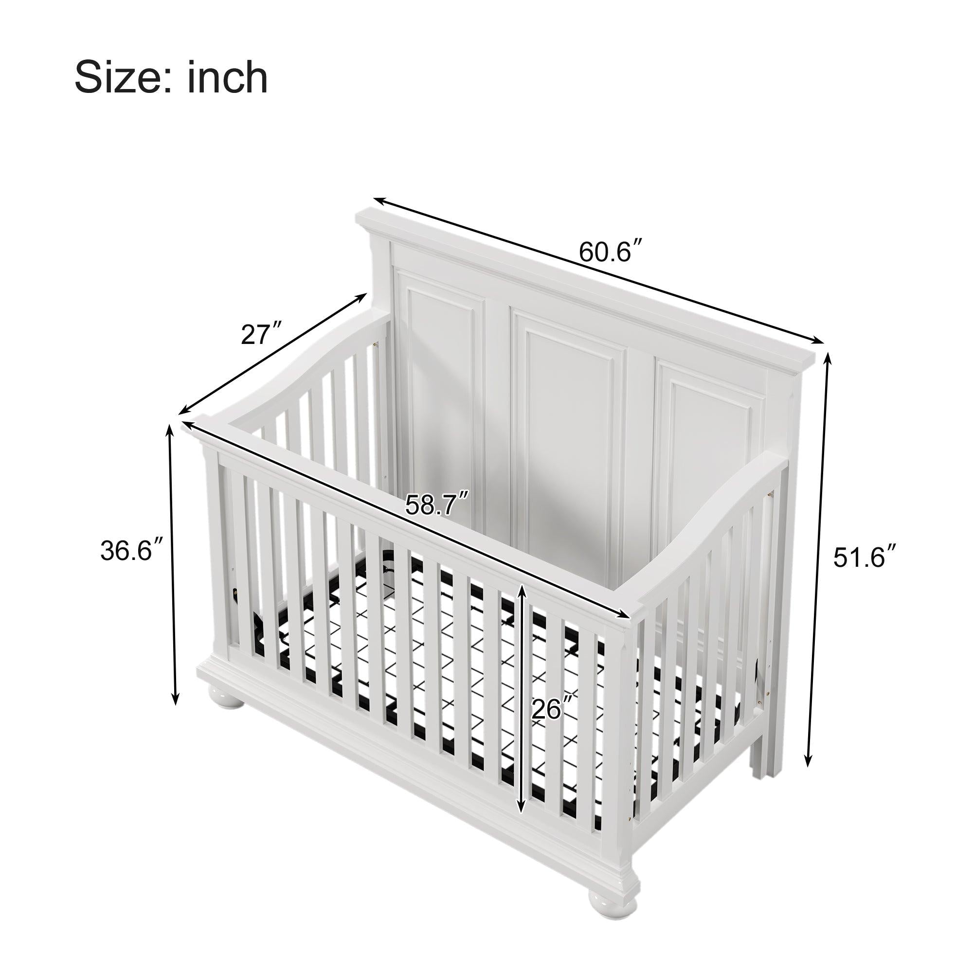 4 Pieces Nursery Sets Traditional Farmhouse Style 4-in-1 Convertible Crib + Nightstand+Dresser with Changing Topper, White