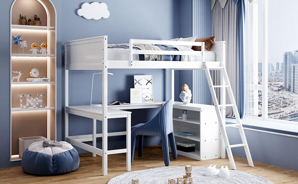 Full size Loft Bed with Shelves and Desk, Wooden Loft Bed with Desk - White