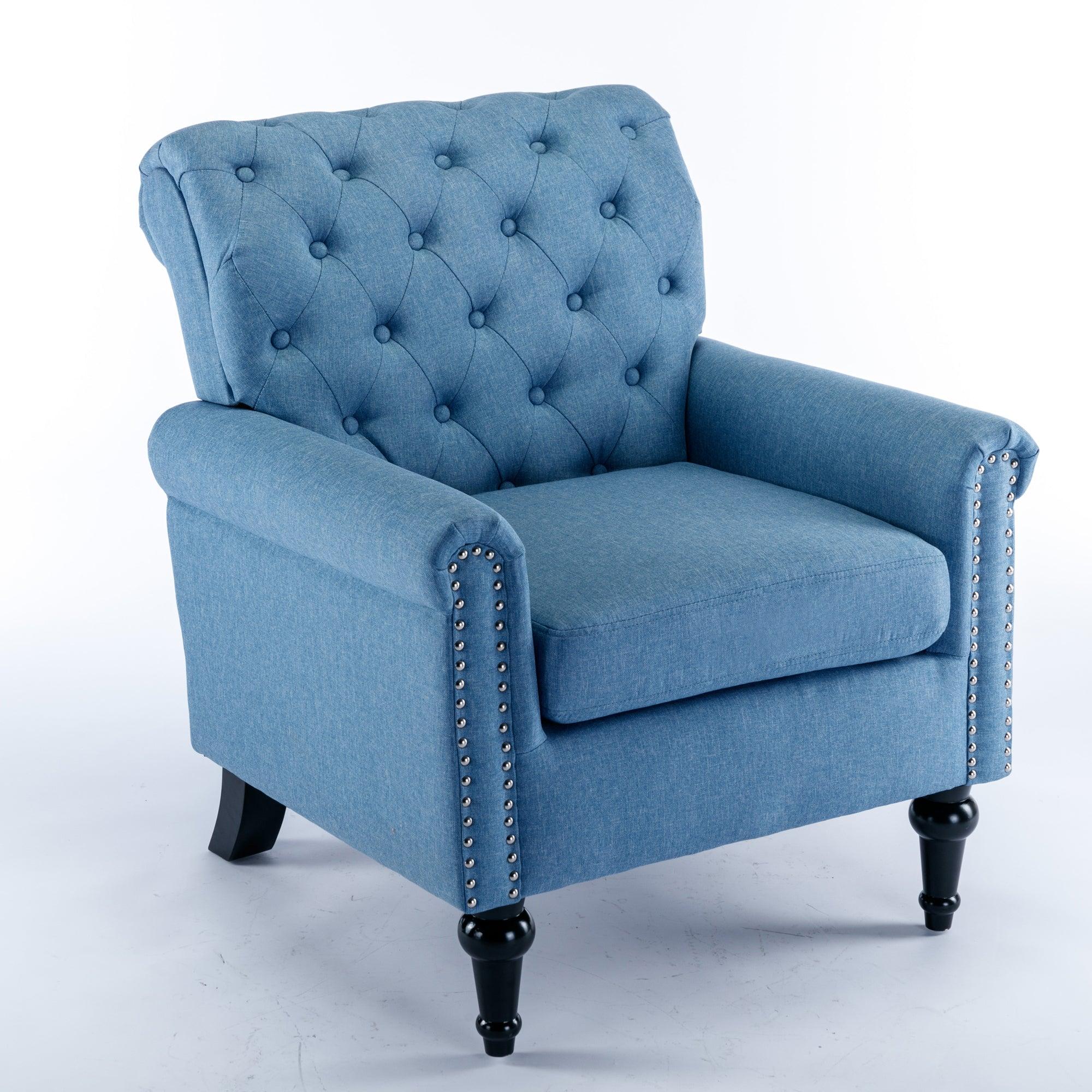 Accent Chairs for Bedroom, MidcenturyModern Accent Arm Chair for Living Room, Linen Fabric Comfy Reading Chair, Tufted Comfortable Sofa Chair, Upholstered Single Sofa, Blue