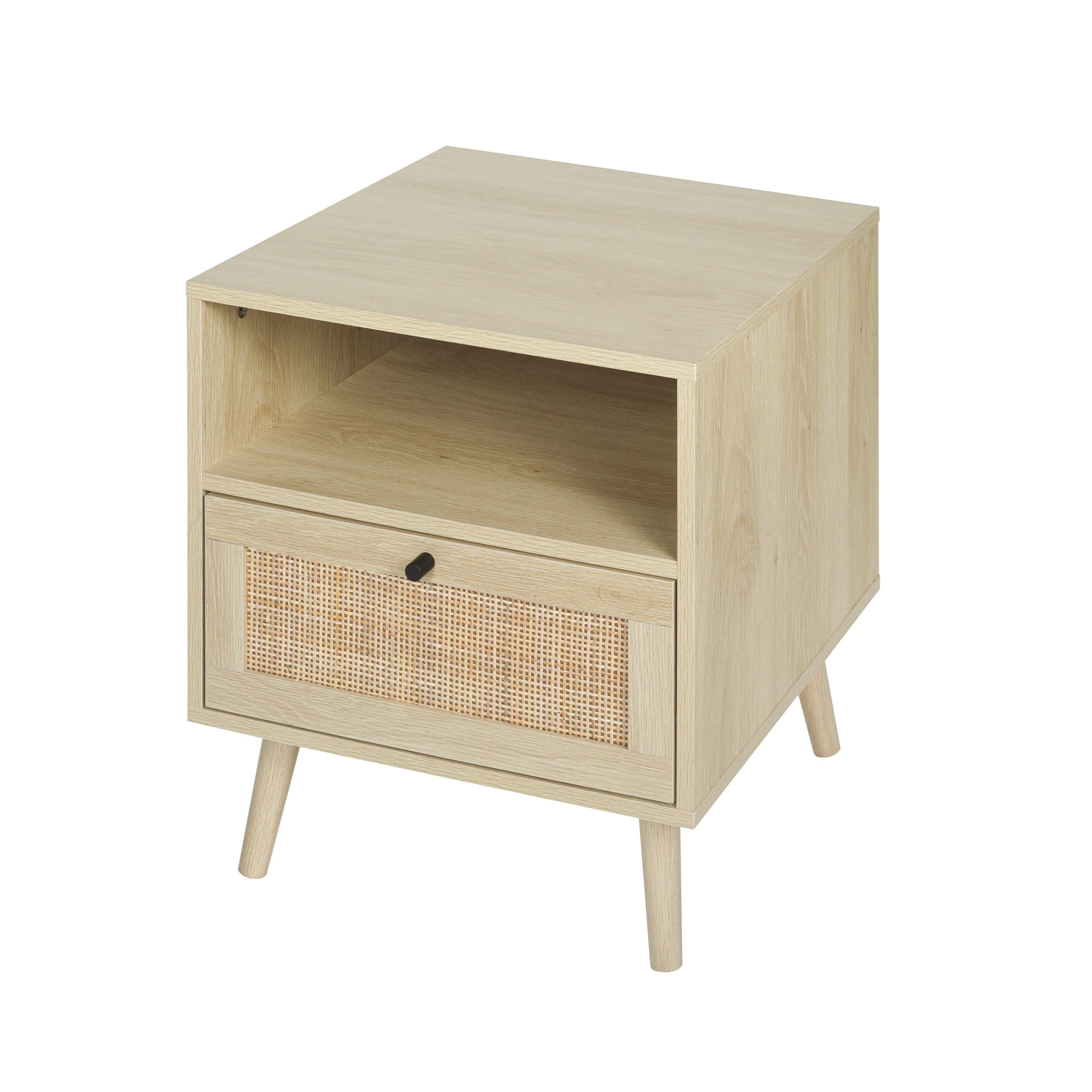 Rattan Nightstand, Wooden Bedside Table End Table for Living Room and Bedroom