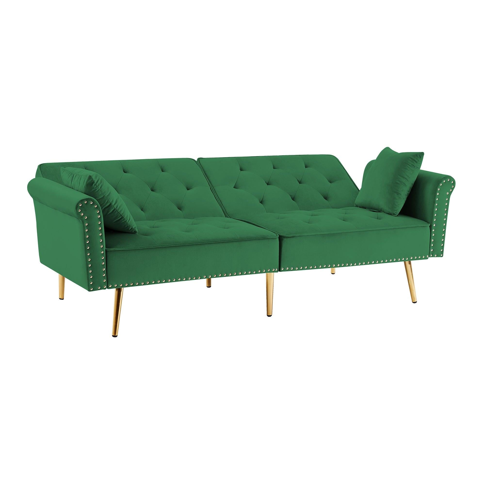 Modern Velvet Tufted Sofa Couch with 2 Pillows and Nailhead Trim, Loveseat Sofa Futon Sofa Bed with Metal Legs  for Living Room.