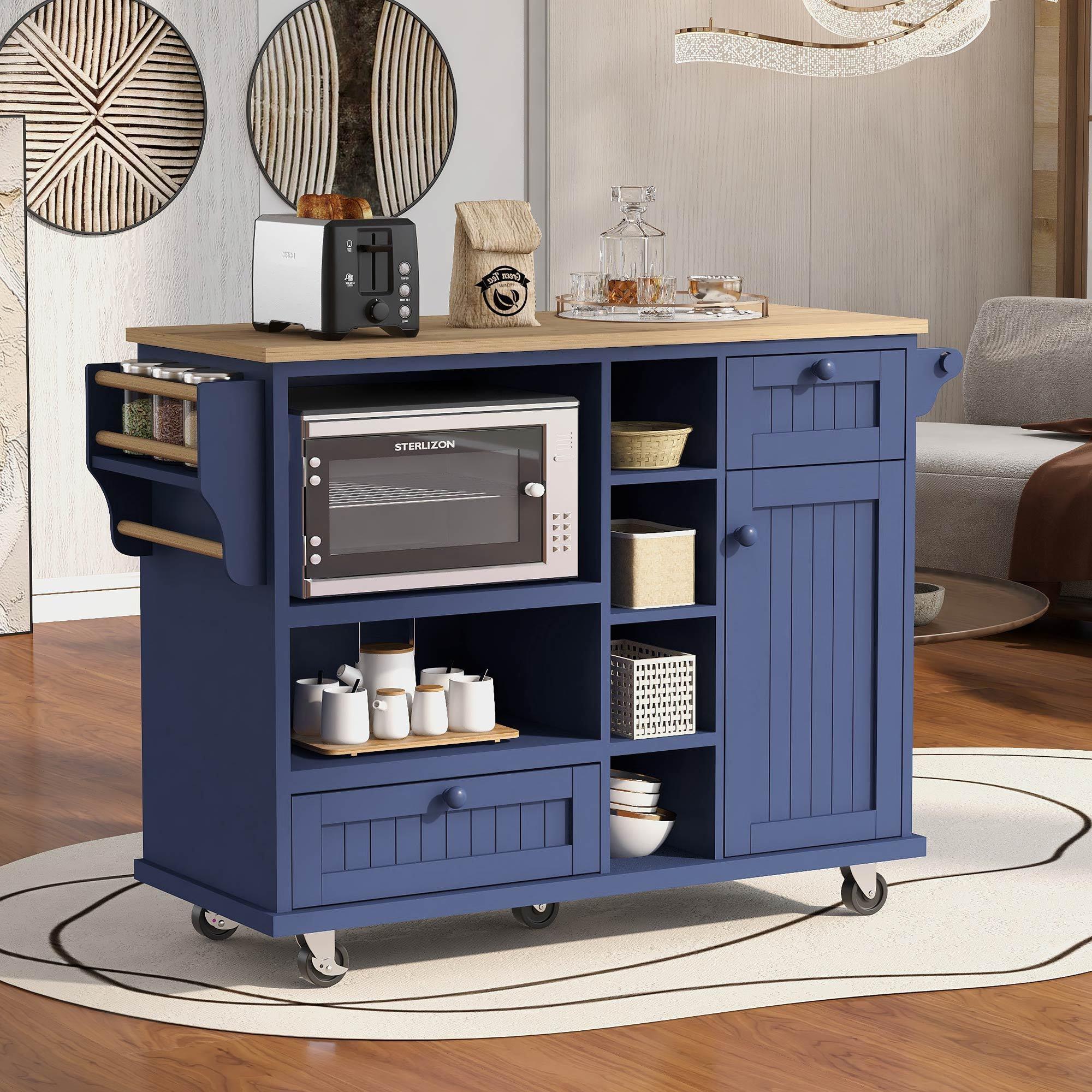 Kitchen Island Cart withStorage Cabinet and Two Locking Wheels,Solid wood desktop,Microwave cabinet,Floor Standing Buffet Server Sideboard for Kitchen Room,Dining Room,, Bathroom（Dark blue） image