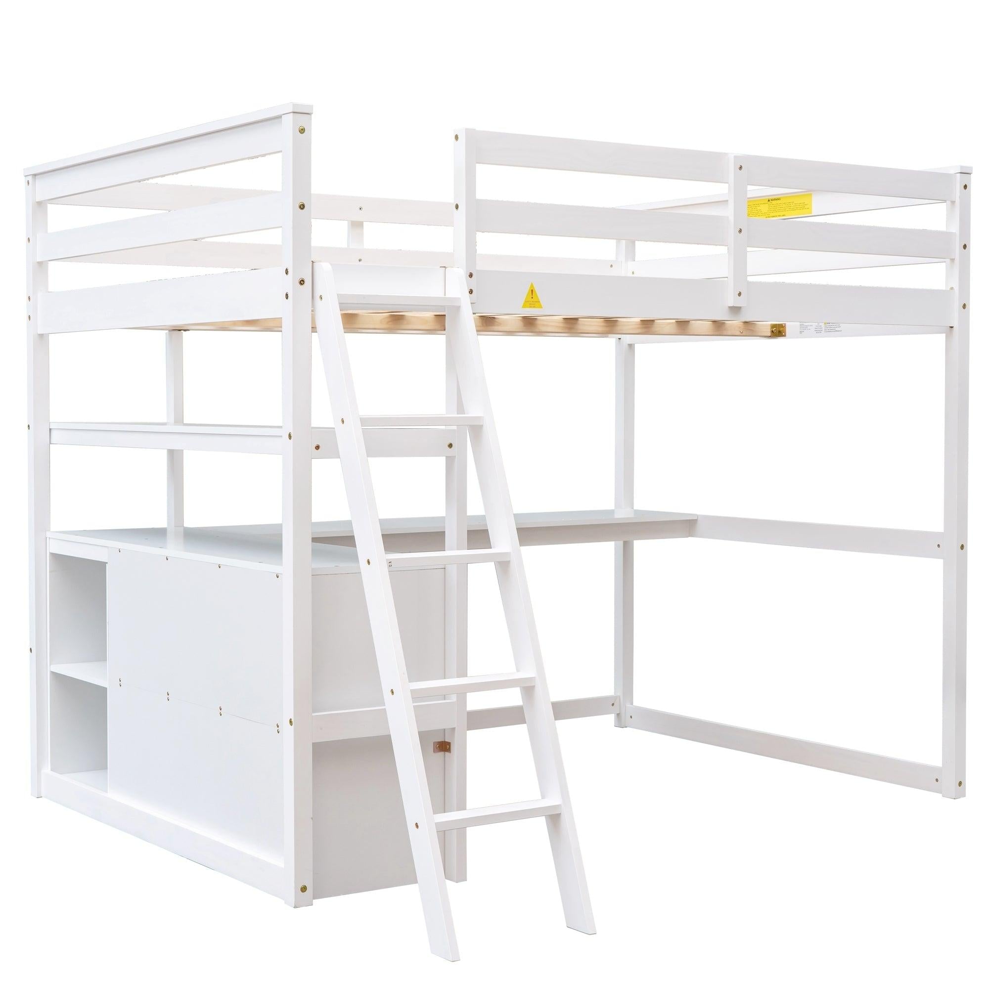 Full Size Loft Bed with Desk and Shelves,Two Built-in Drawers,White