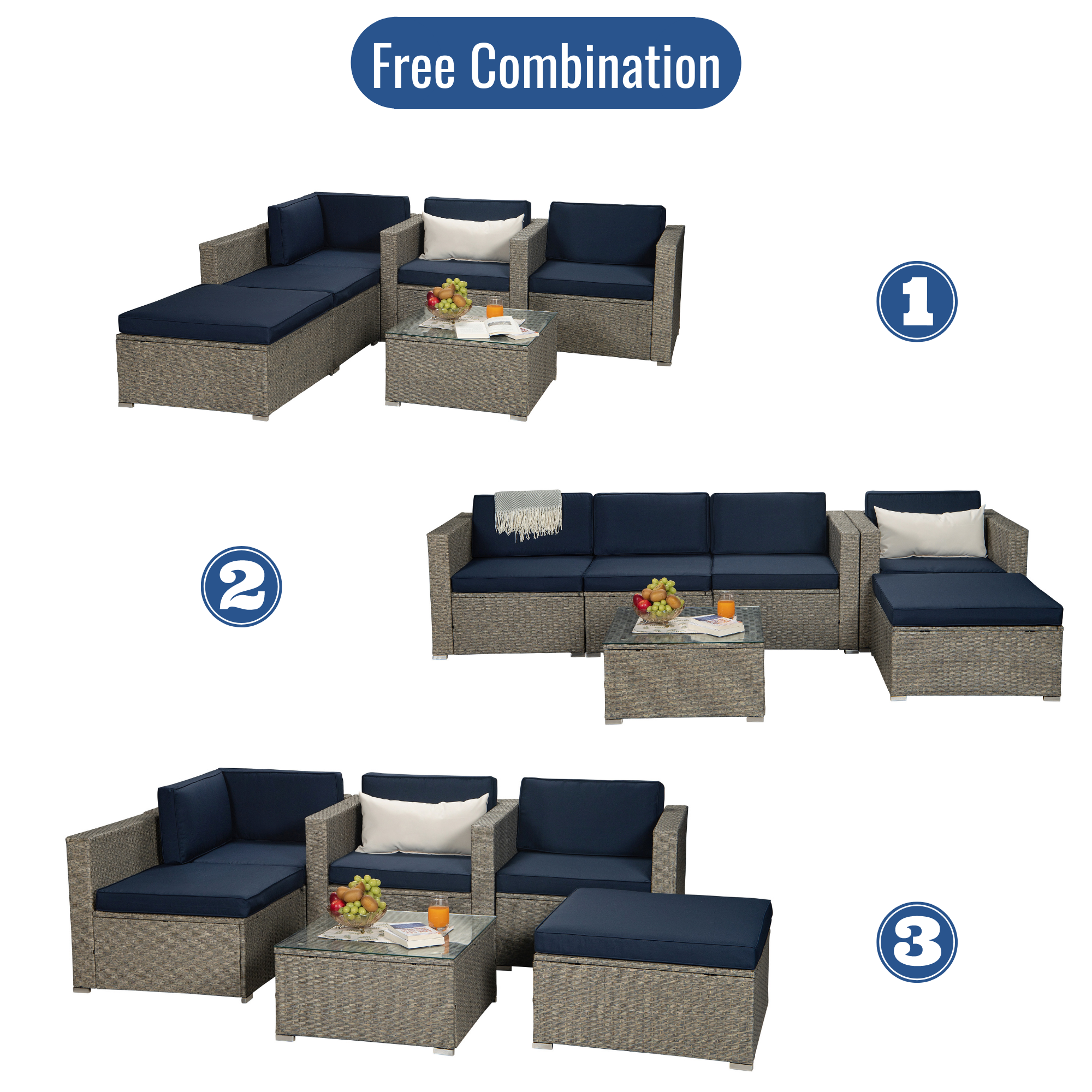 Outdoor Garden Patio Furniture 6-Piece Gray Mix Yellow PE Rattan Sectional Navy Cushioned Wicker Sofa Set with 1 Beige Pillows