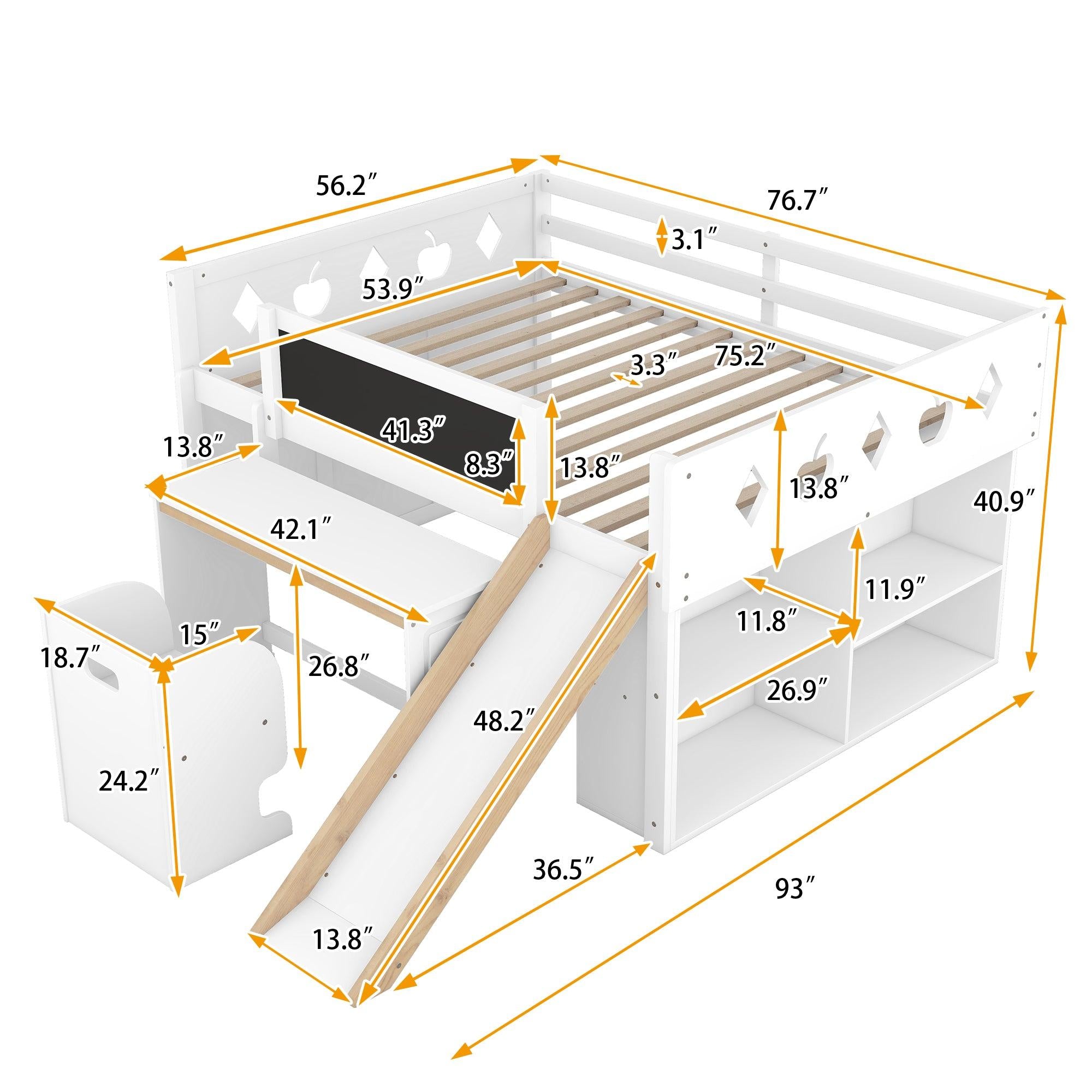 Wood Full Size Loft Bed with Slide, 4 Cabinets, Blackboard, Desk and Chair, White