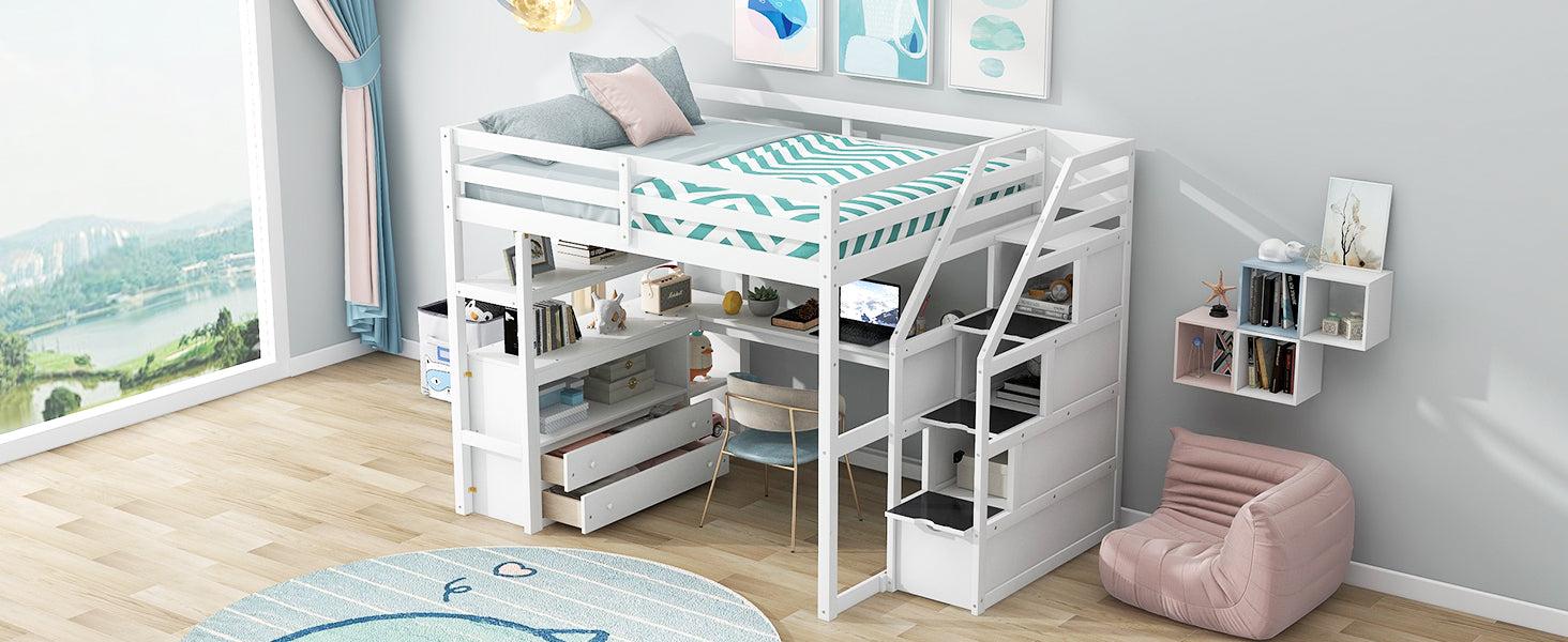 Full Size Loft Bed with Desk and Shelves, Two Built-in Drawers,Storage Staircase, White