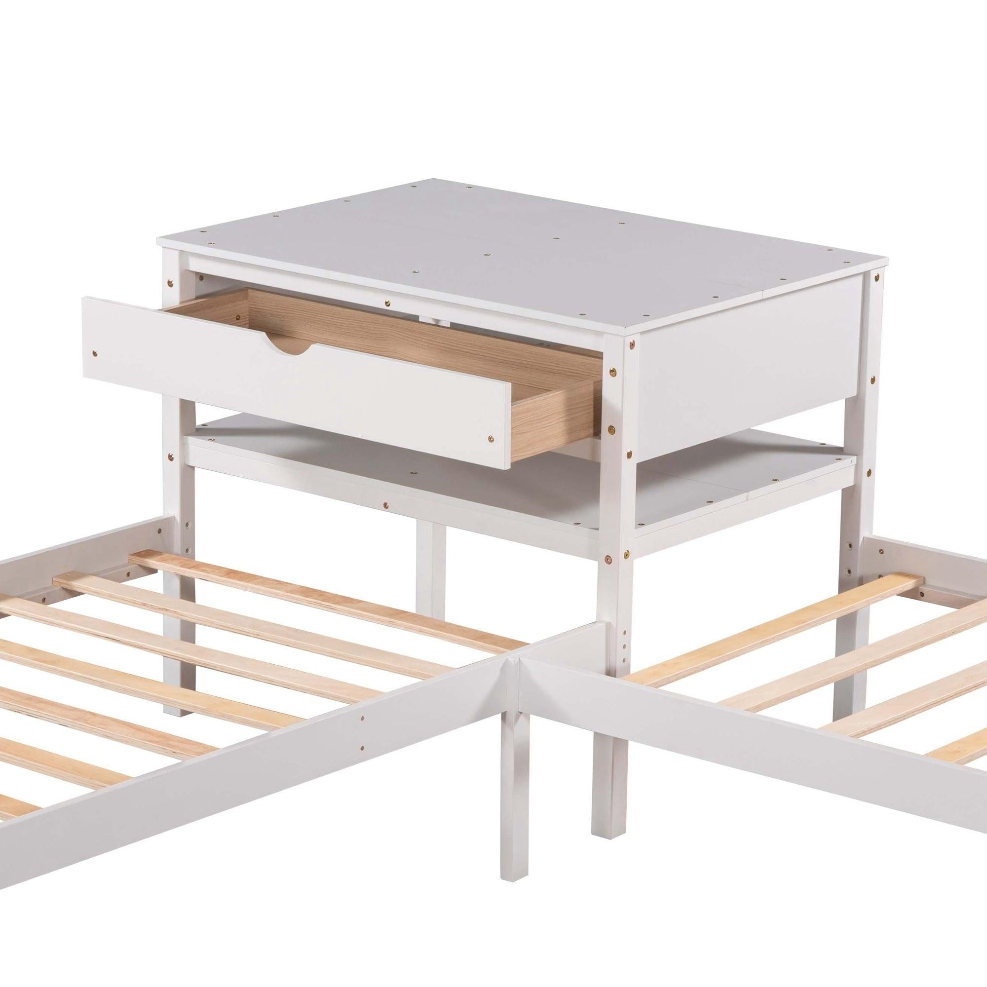 Twin Size L-Shaped Platform Beds with Drawer Linked with Built-in Rectangle Table,White