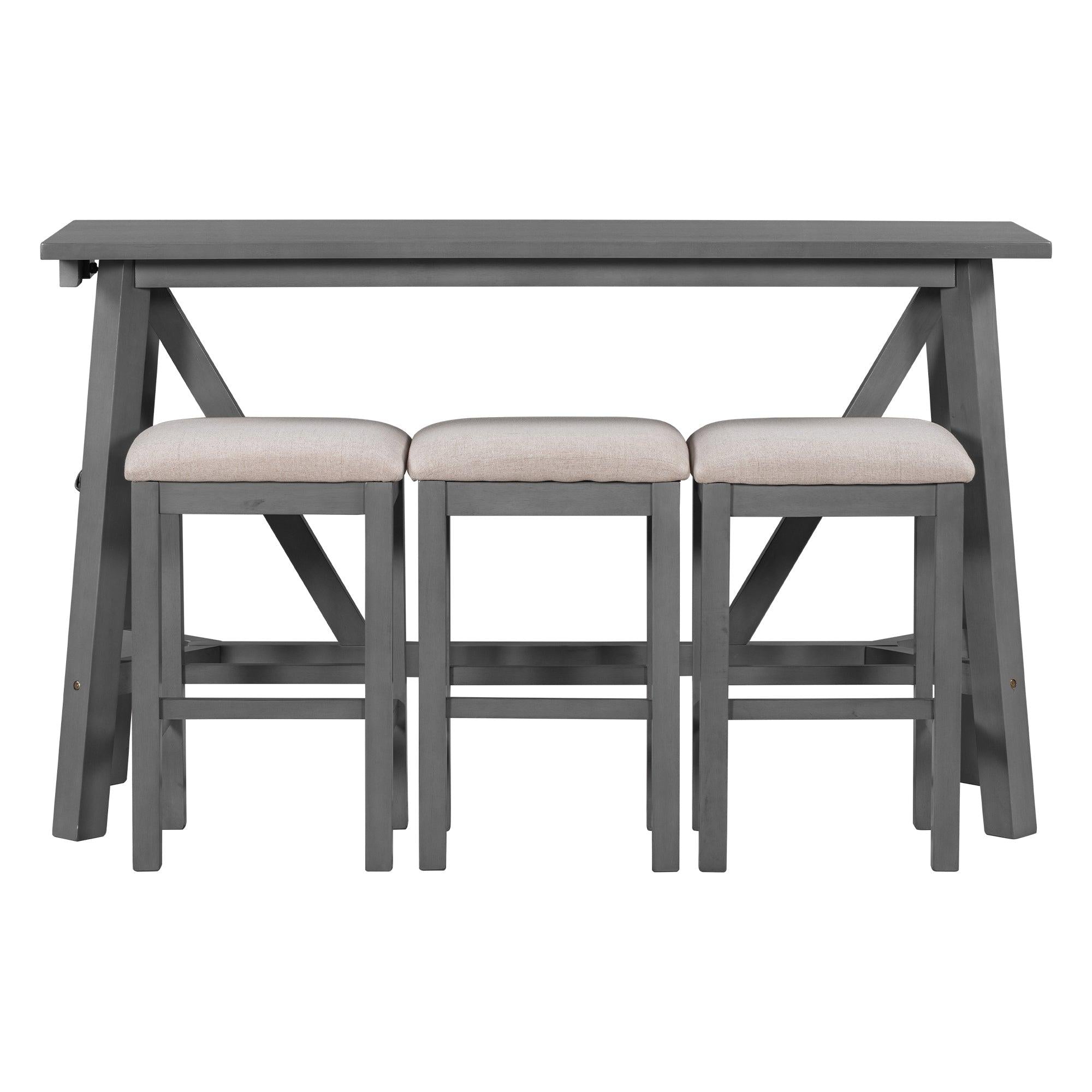 Multipurpose Home Kitchen Dining Bar Table Set with 3 Upholstered Stools(Gray)