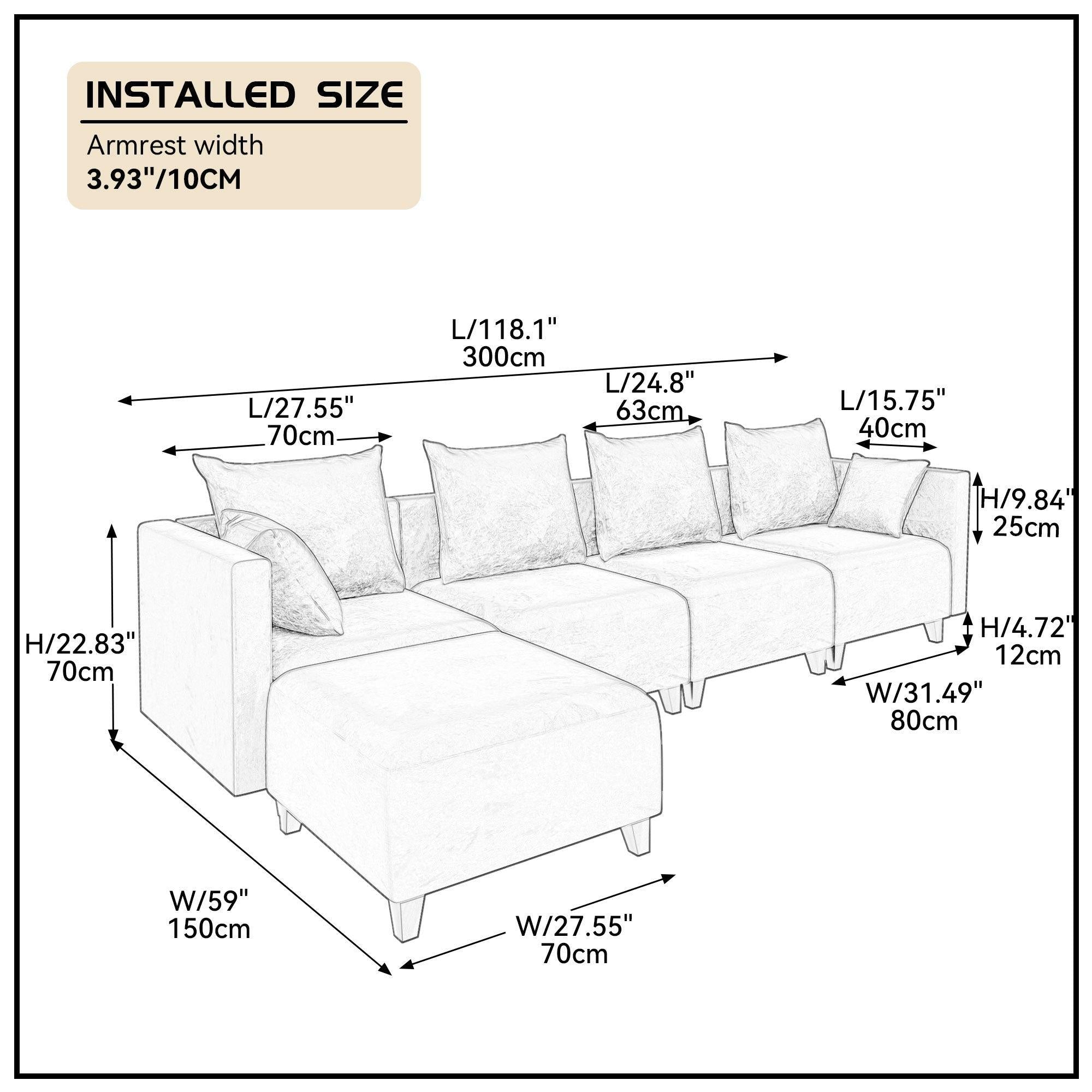 Sectional Sofa L shape Velvet Square Arm Sofa with 6 Pillows for Living Room, Beige with Black Foot