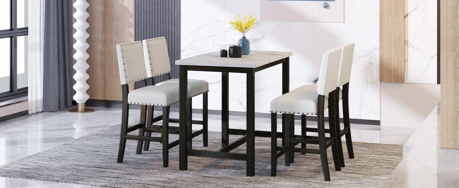 5 Piece Rustic Wooden Counter Height Dining Table Set with 4 Upholstered Chairs for Small Places, Faux Marble Top+Black Body