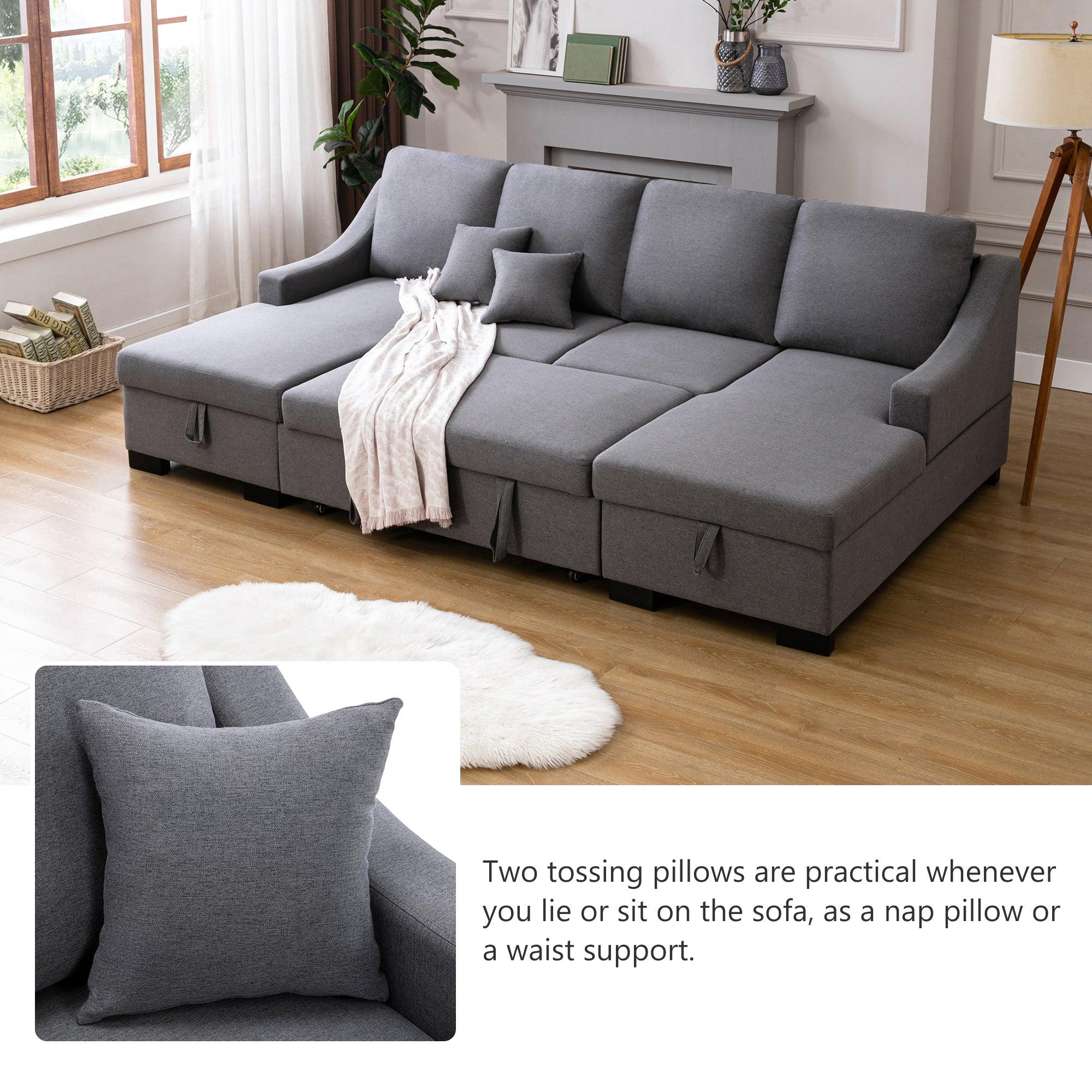 Upholstery Sleeper Sectional Sofa with DoubleStorage Spaces, 2 Tossing Cushions, Grey