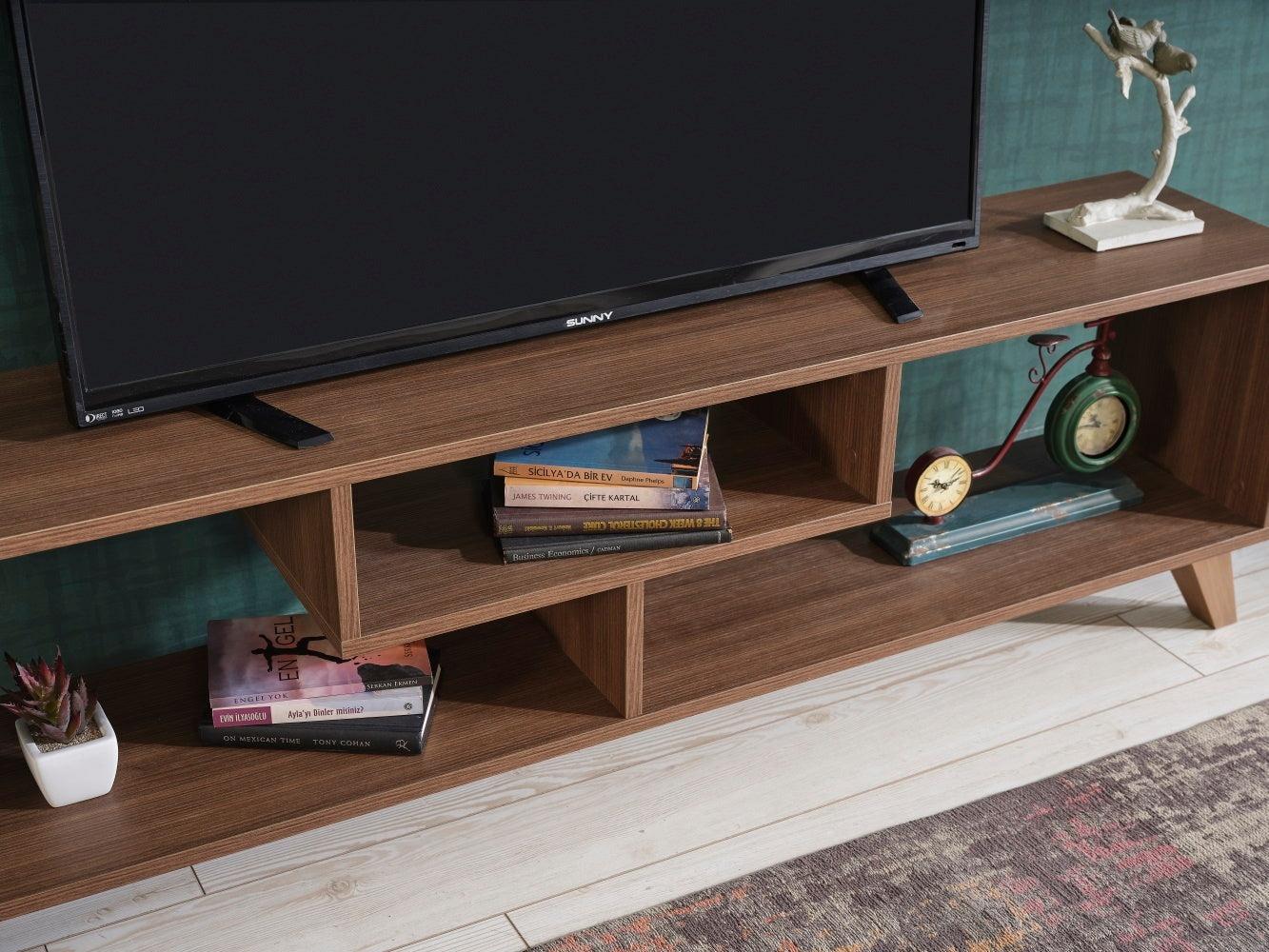 Parma Mid CenturyModern Tv Stand Open Shelving Entertainment Centre 67 inch Tv Unit, Walnut