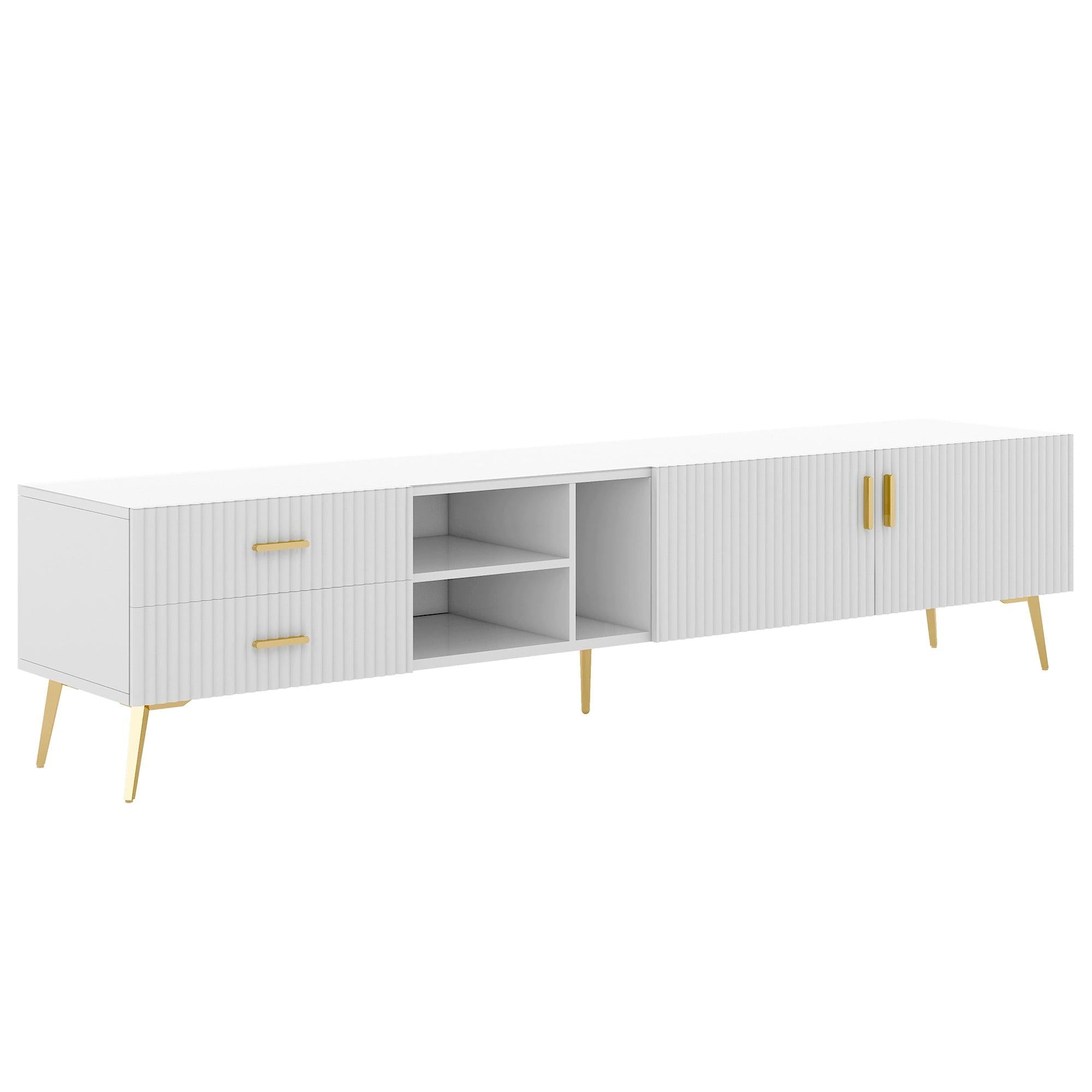 Modern TV Stand with 5 Champagne legs - Durable, stylish, spacious, versatileStorage TVS up to 77" (White)