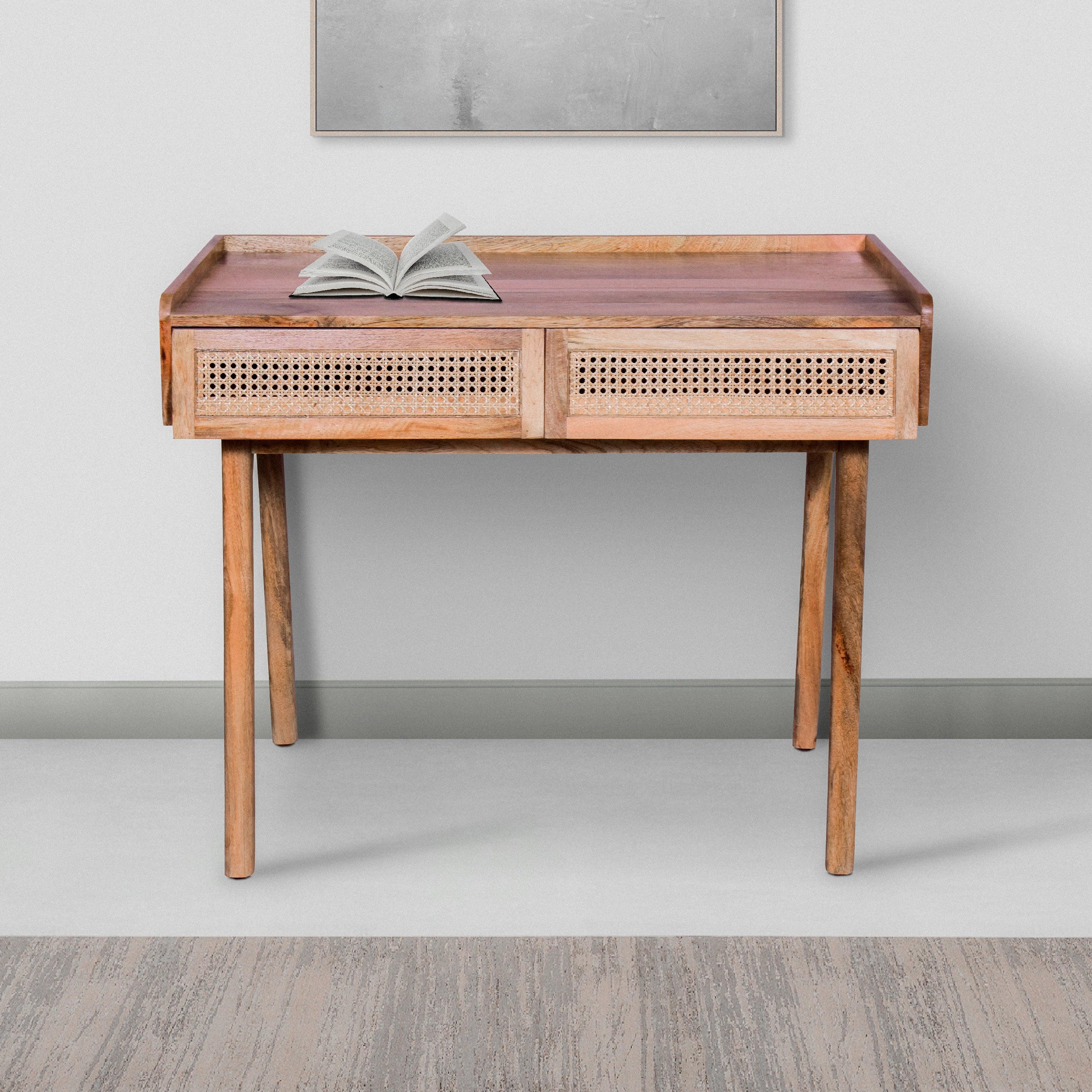 39 Inch Handcrafted ManWood Farmhouse Writing Desk, 2 Rattan Front Drawers, Oak Brown