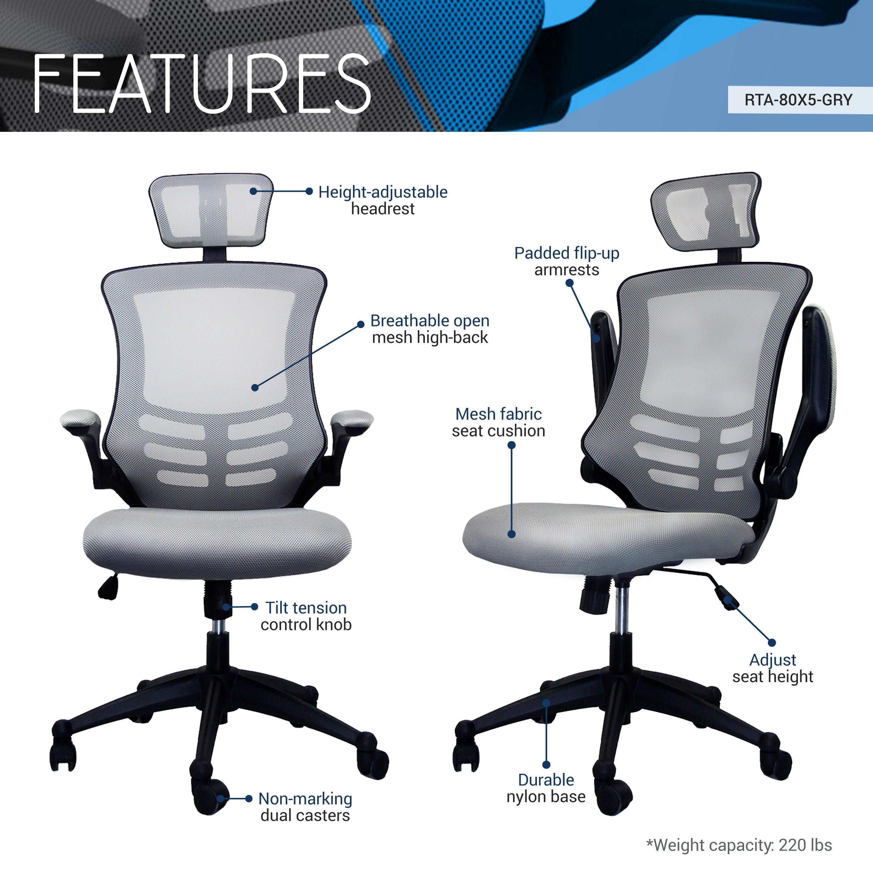 Techni MobiliModern High-Back Mesh Executive Office Chair with Headrest and Flip-Up Arms, Silver Grey