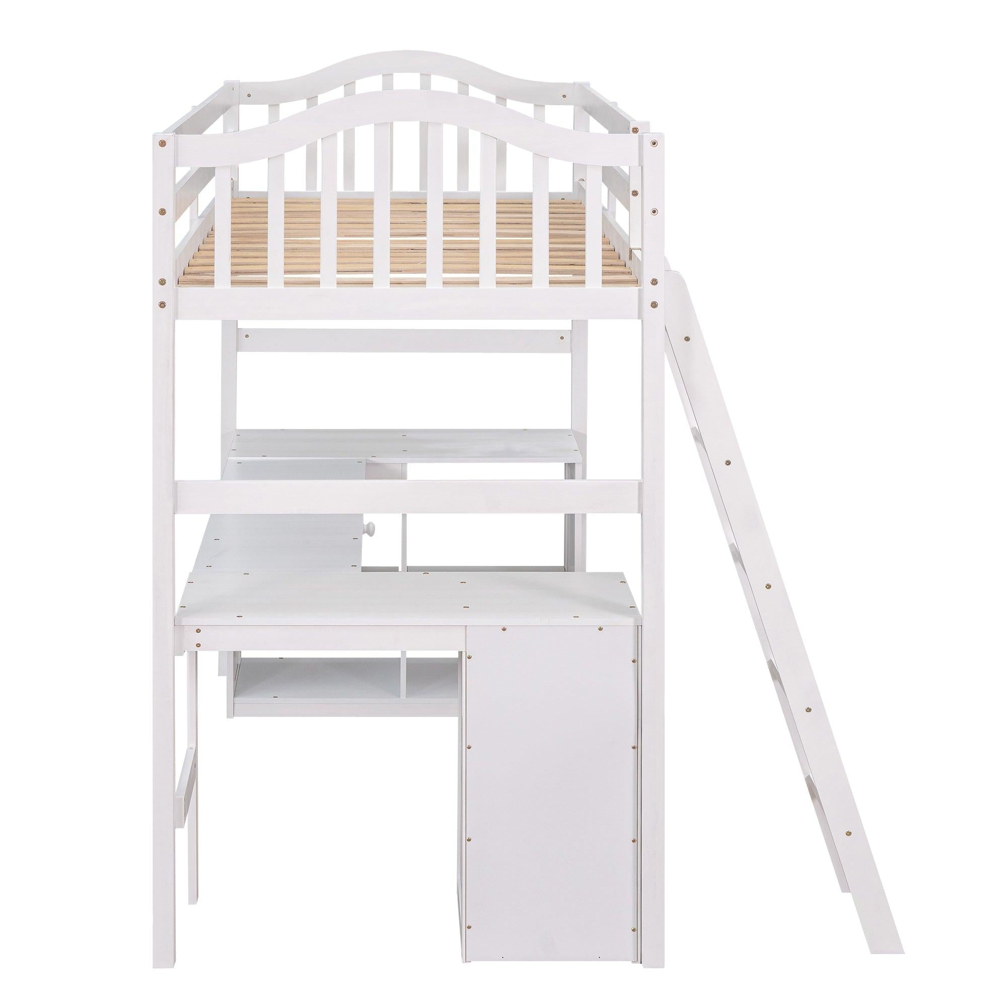 Twin size Loft Bed with Drawers, Cabinet, Shelves and Desk, Wooden Loft Bed with Desk - White