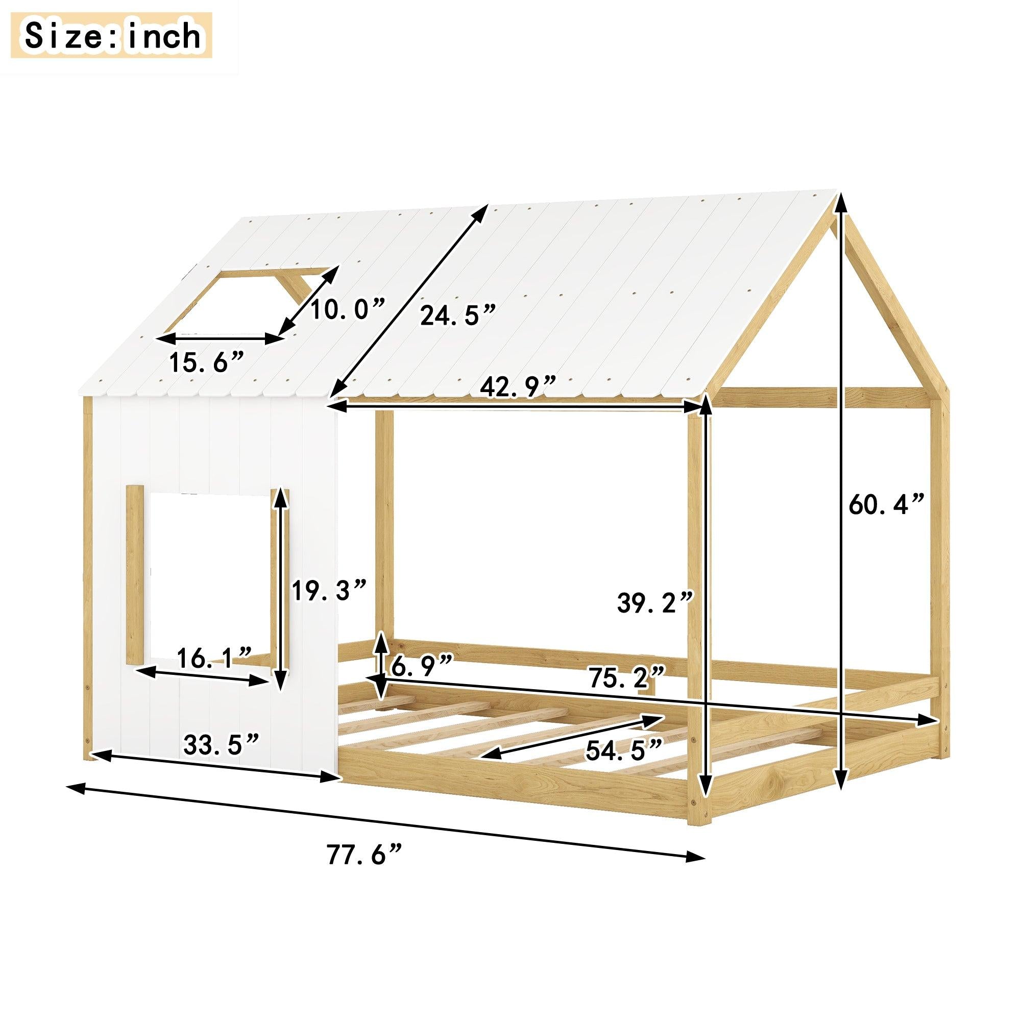 Full Size House Bed with Roof and Window - White+Natural