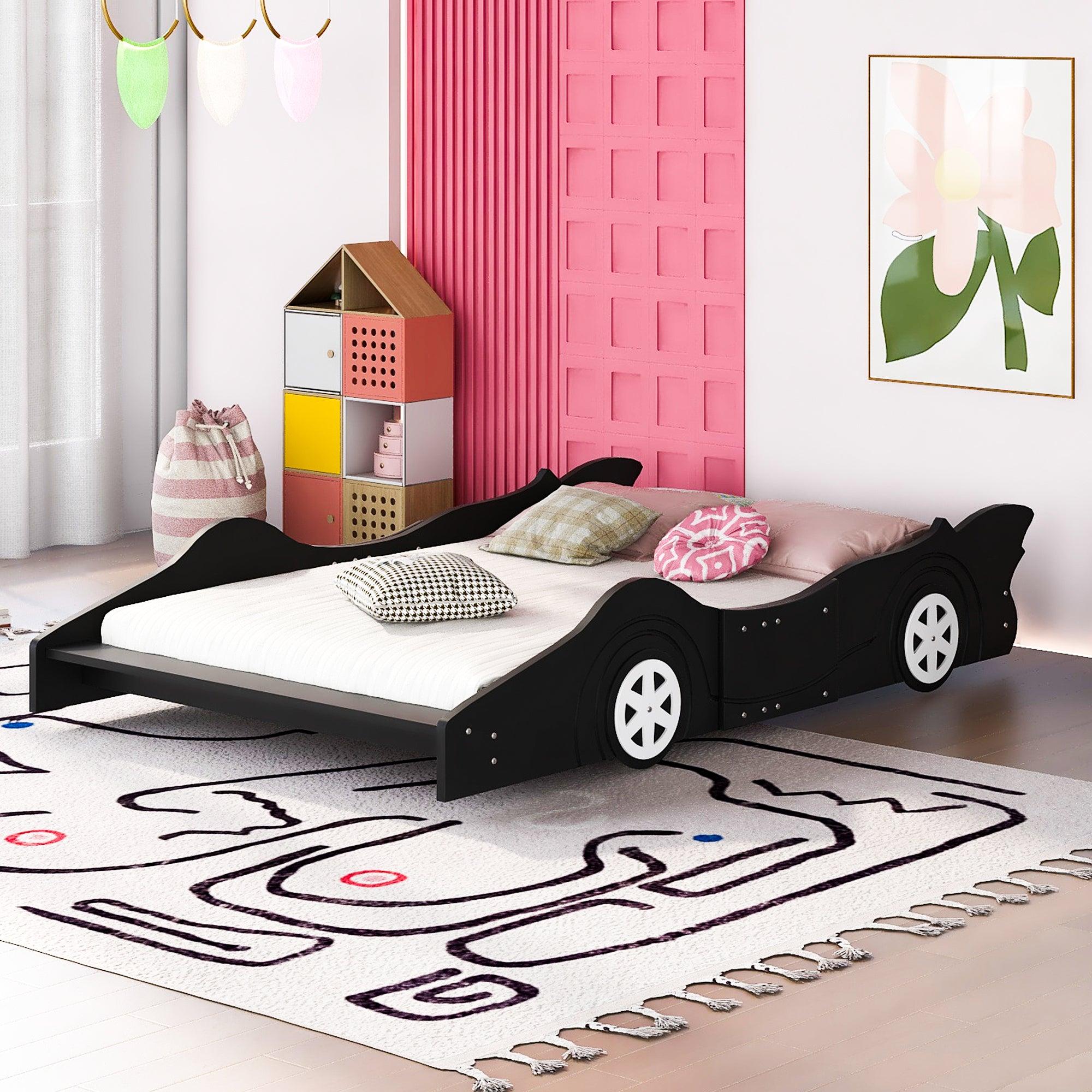 Full Size Race Car-Shaped Platform Bed with Wheels,Black image